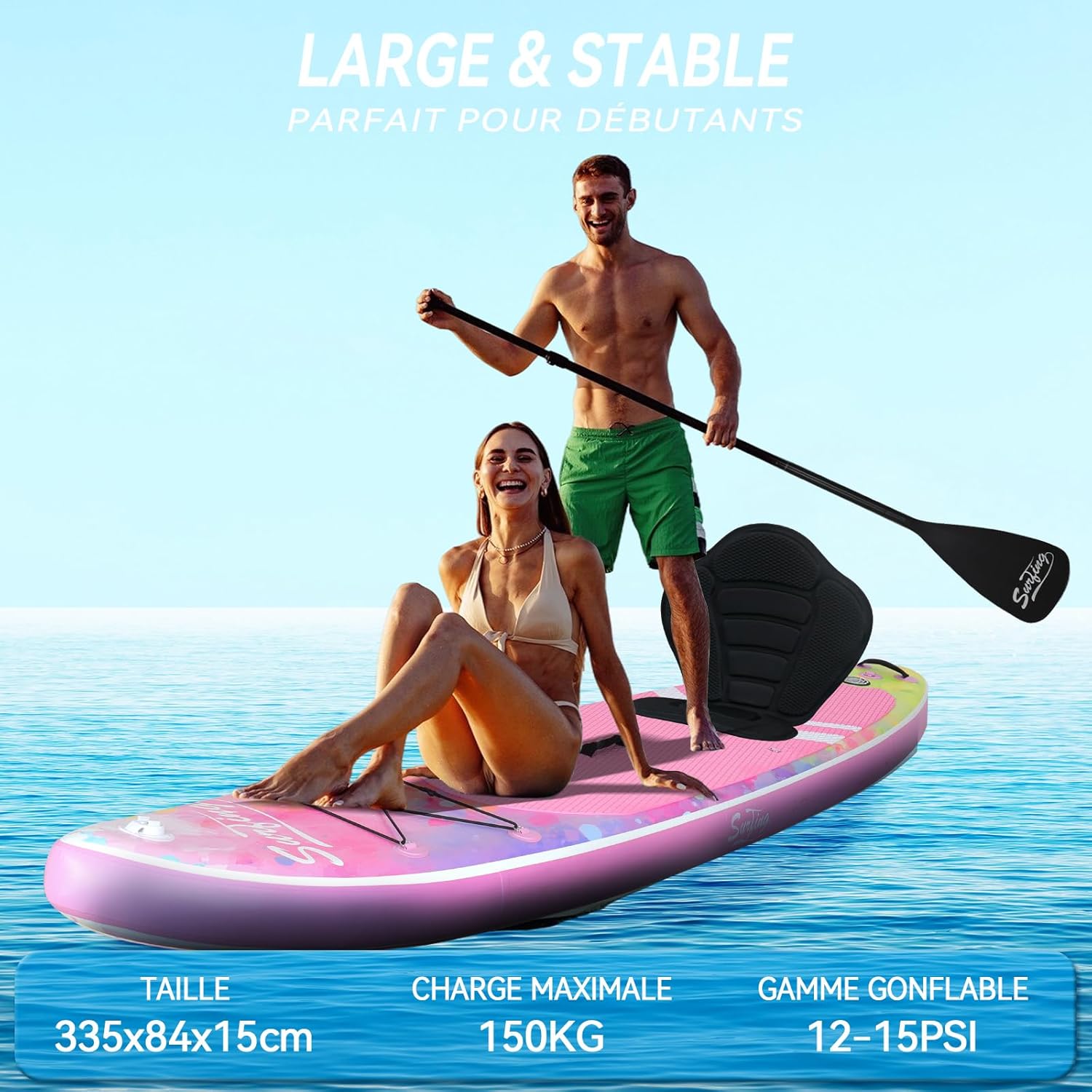 YU YUSING - Paddle gonflable 320/335cm - 2 pers, siège kayak, 150kg