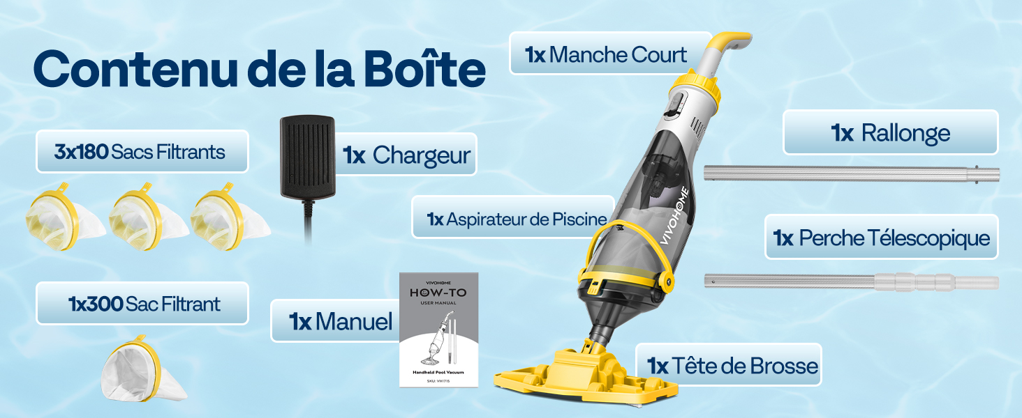 Le texte indique « Contenu de la boîte ». Schéma en français montrant les composants et les instructions d'assemblage de ce qui semble être un produit ménager