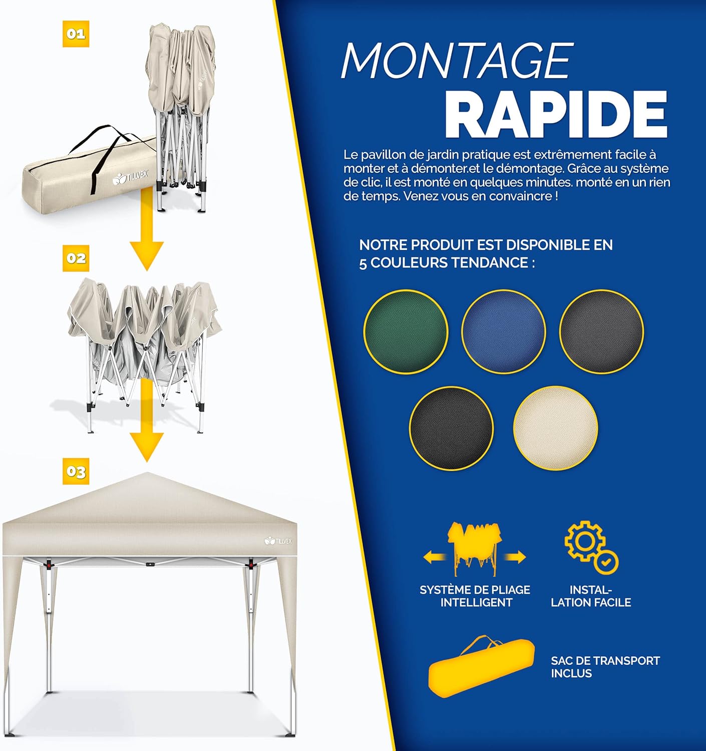 Tillvex - Tonnelle pliante jardin série 3x3m réglable UV50+ sac