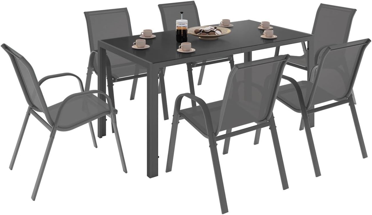 IDMarket - Salon de jardin Madrid 150cm, 6 chaises empilables gris