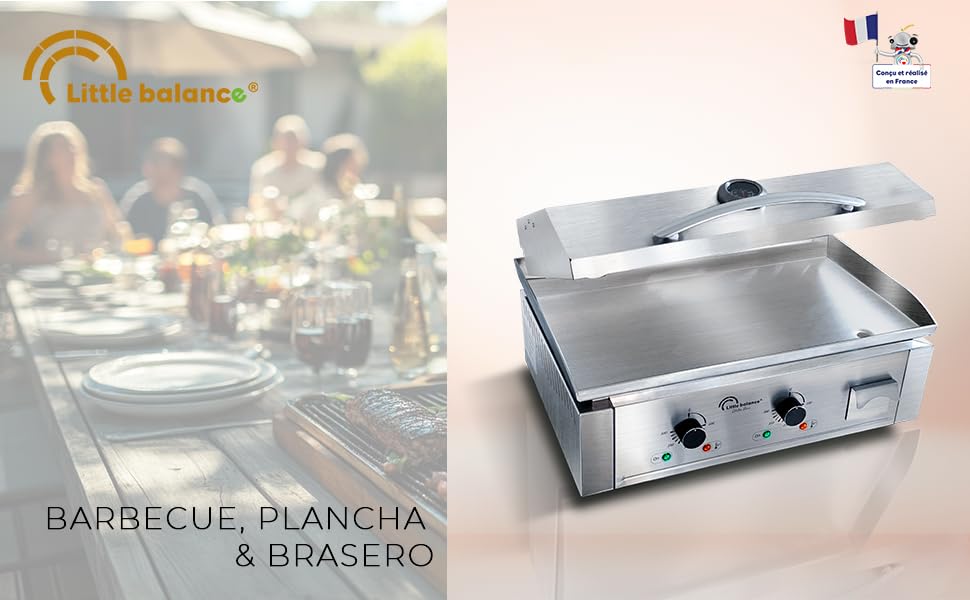 Le texte indique « Little balance » et « BARBECUE, PLANCHA & BRASERO ». Cuisinière commerciale en acier inoxydable avec deux brûleurs sur fond de table.