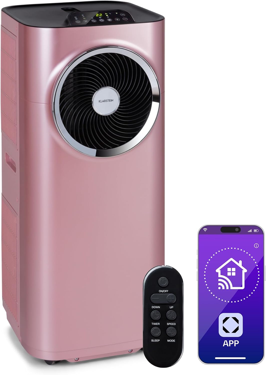 Klarstein Kraftwerk Smart 12K Climatiseur Mobile – 12,000 BTU, 35-59 m², WiFi & App Control, Silencieux 50 dB, Déshumidificateur, Ventilation 3 Niveaux, Minuterie 24h, R290, 1308W, Or Rose Métallique