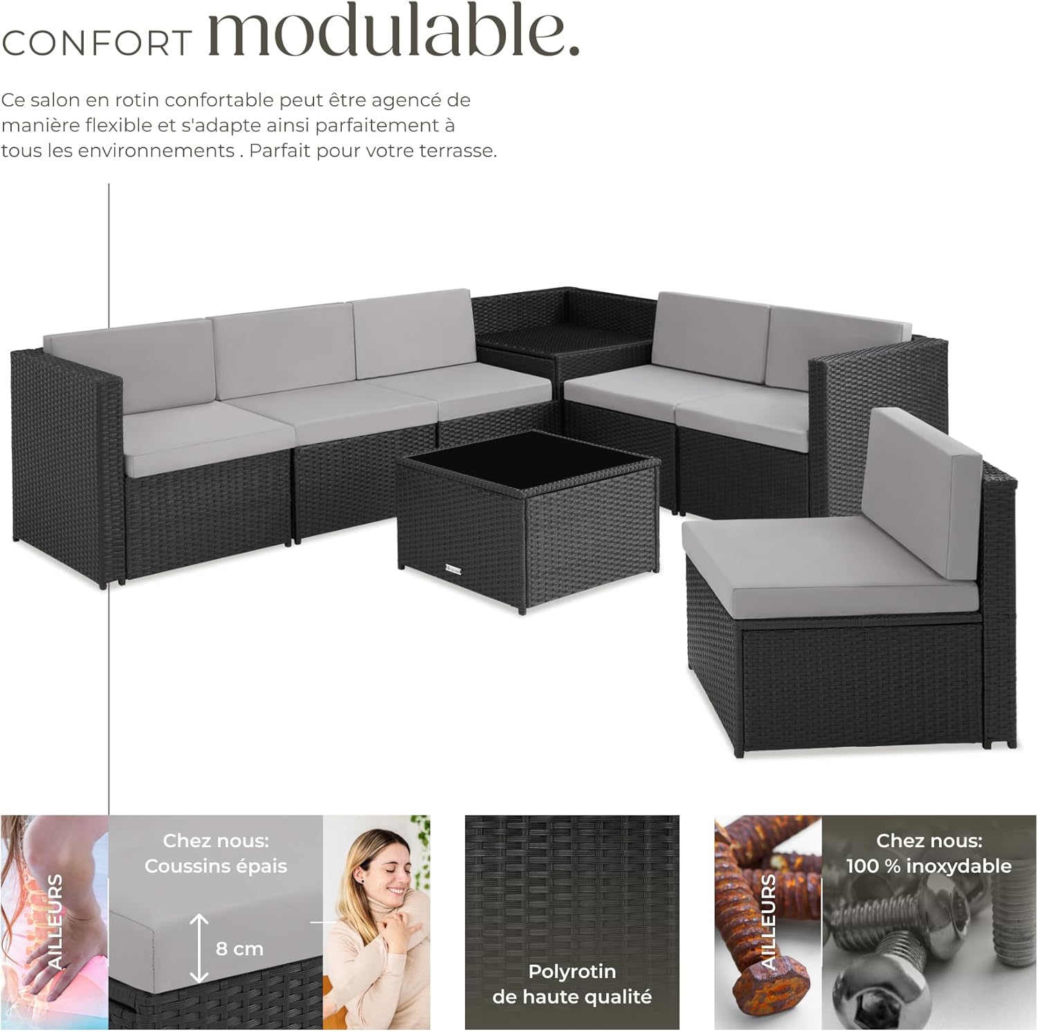 tectake - salon de jardin modulable 6 places - résine tressée, table verre, coffre rangement - 198x130x70 cm