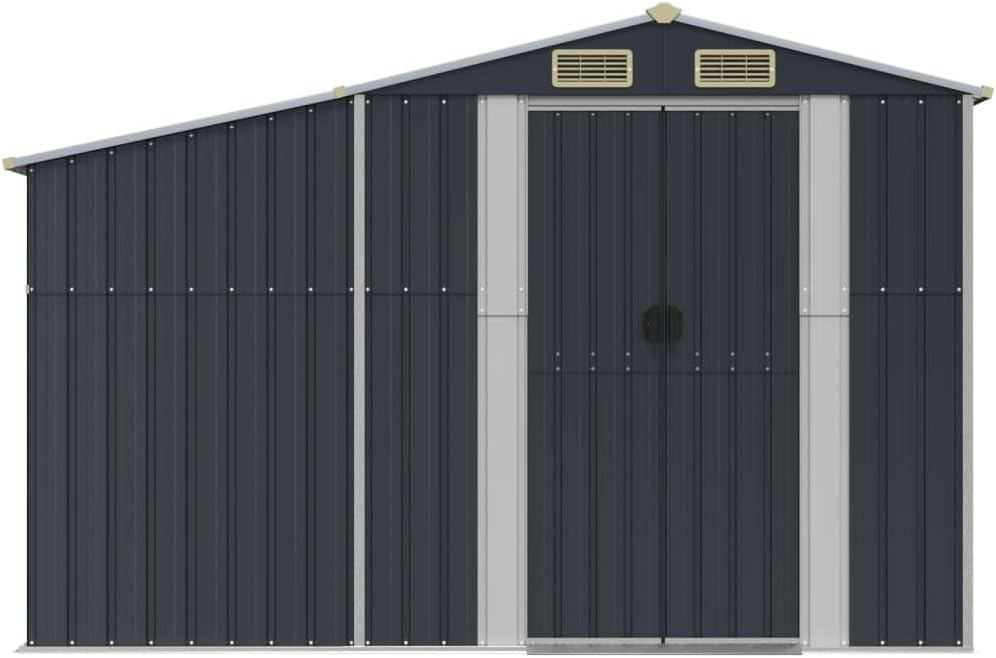 Abri de jardin anthracite 277 x 279 x 179 cm en acier galvanisé avec support pour bois de chauffage et 4 ouvertures d'aération pour outils de jardin et entrepôts
