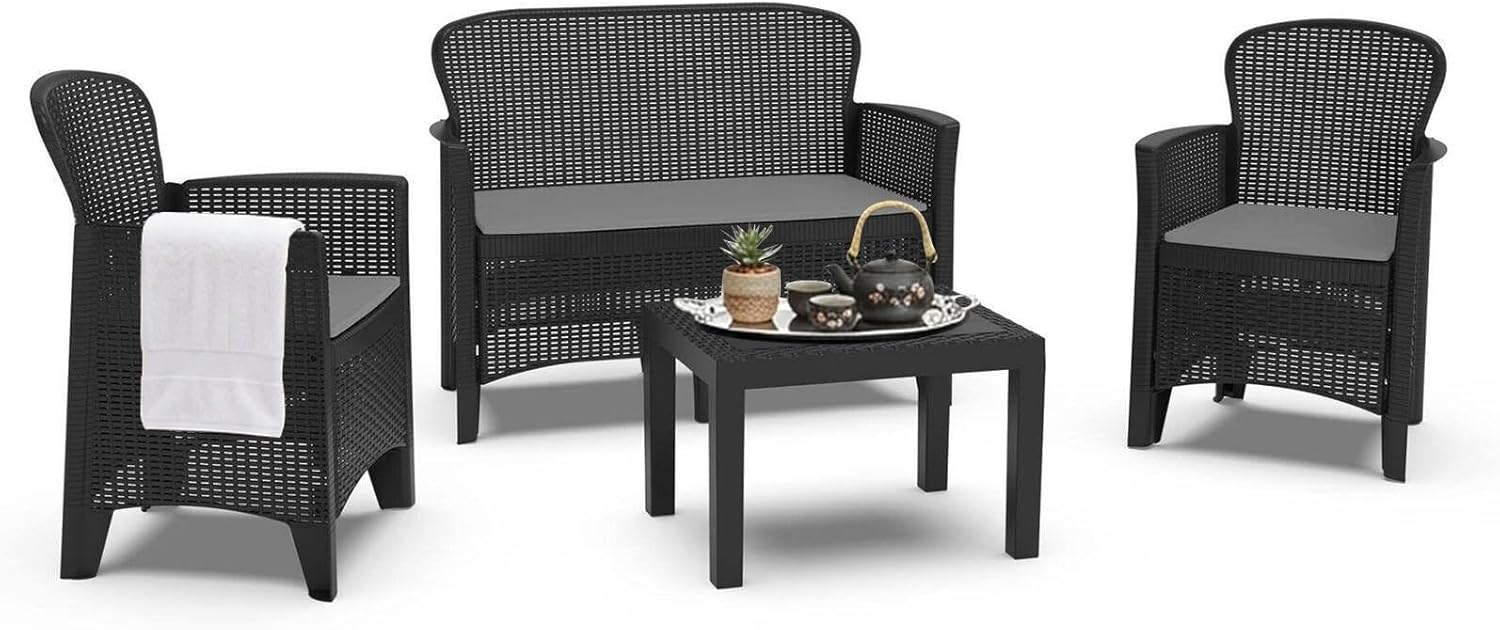 Dmora - Ostuni salon de jardin - 2 fauteuils, canapé, table basse, coussins, effet rotin, anthracite