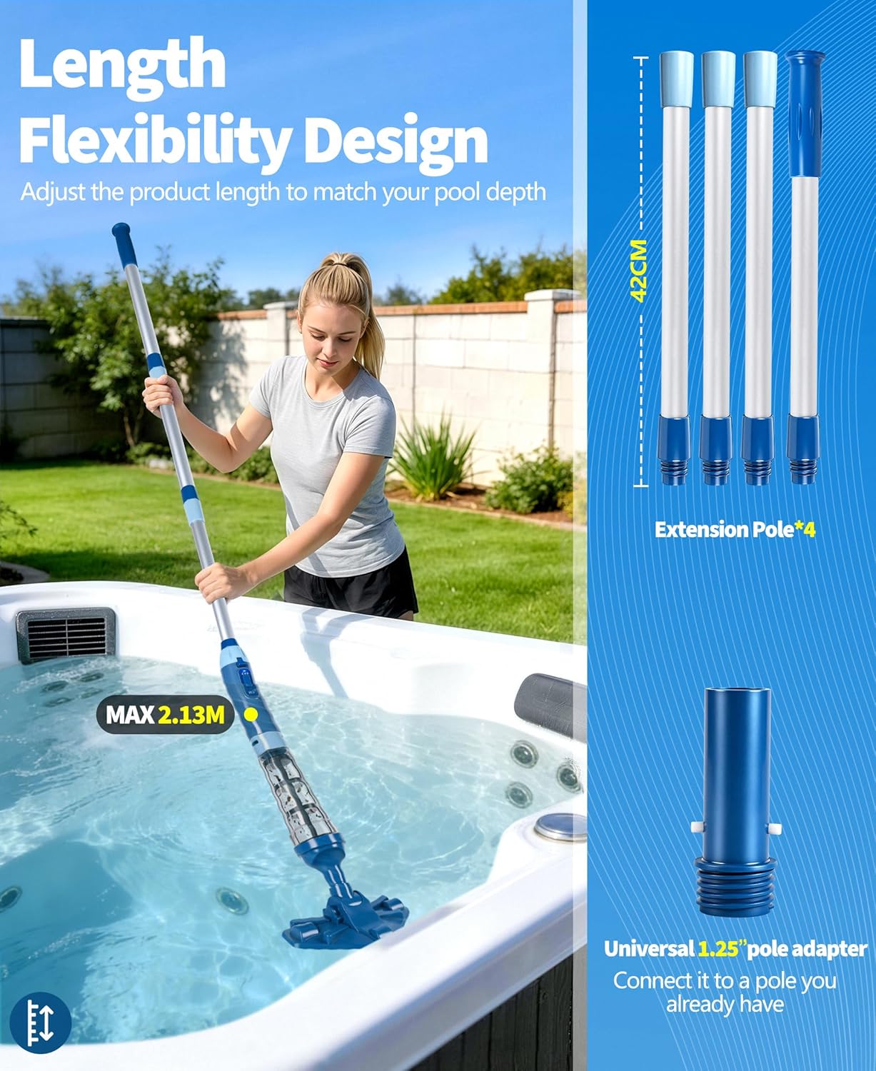 PoolLeader - Aspirateur piscine sans fil - 2,13m - 60L/min, 90min autonomie