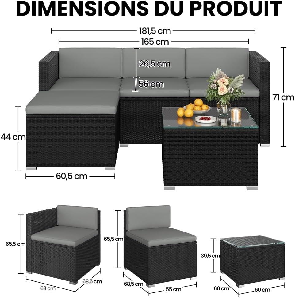 Yaheetech - salon de jardin 4 personnes - polyrotin, modulable, 5 pièces