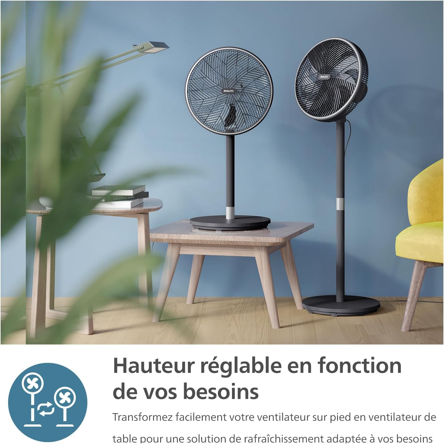 Philips Ventilateur sur pied Série 3000. Puissant et ultra-silencieux. Technologie SilentWings. 19 dB. Ventilateur de Table/sur Pied. Inclinable et Rotatif. Contrôle par App. Noir (CX3550/01)