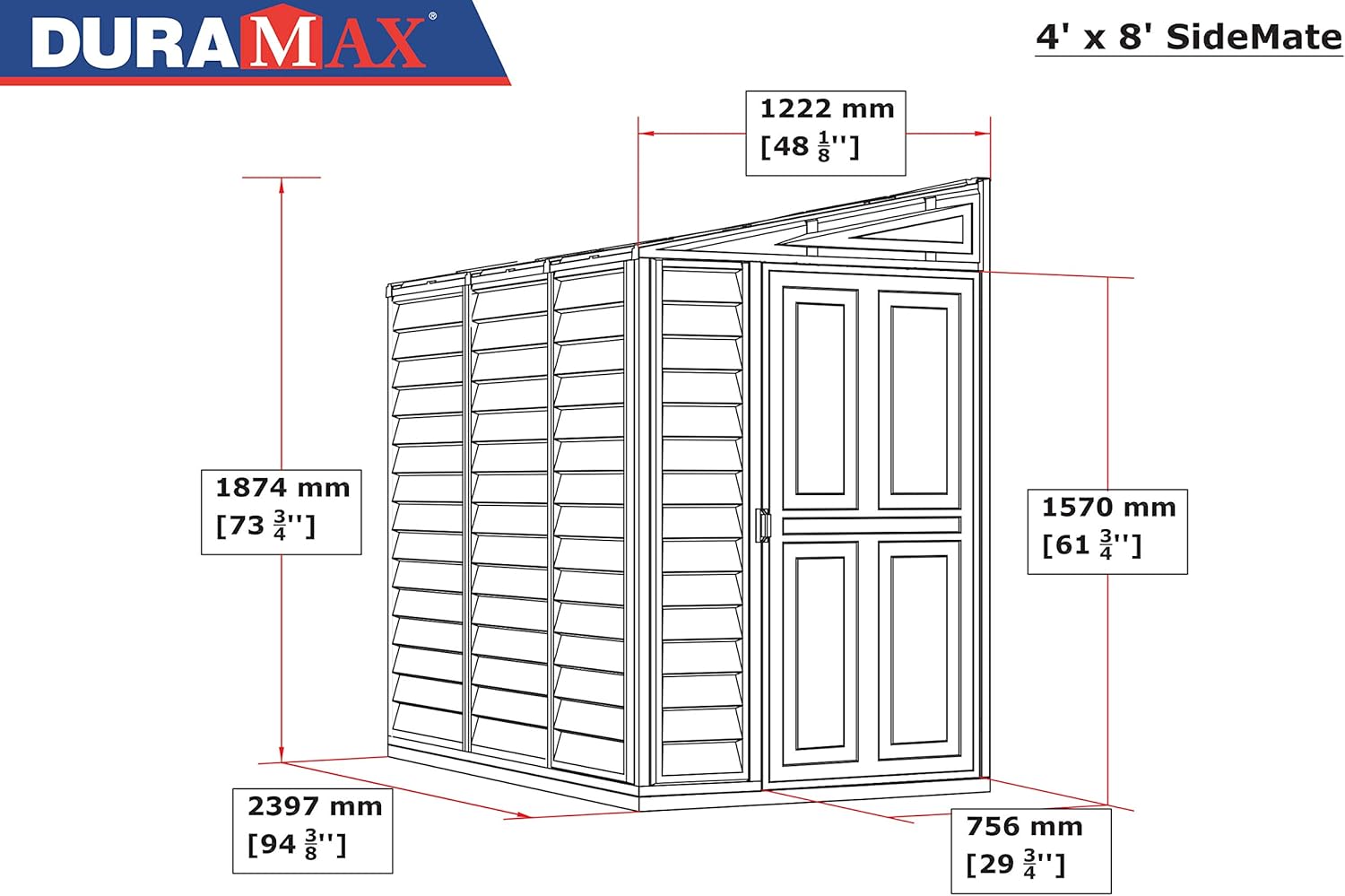 Duramax SideMate PLUS 4 x 8 (2.91 m²) abri de jardin en plastique avec kit de fondation en métal, porte réversible, structure de toit en métal robuste, abri en vinyle sans entretien, Gris foncé/ Adobe