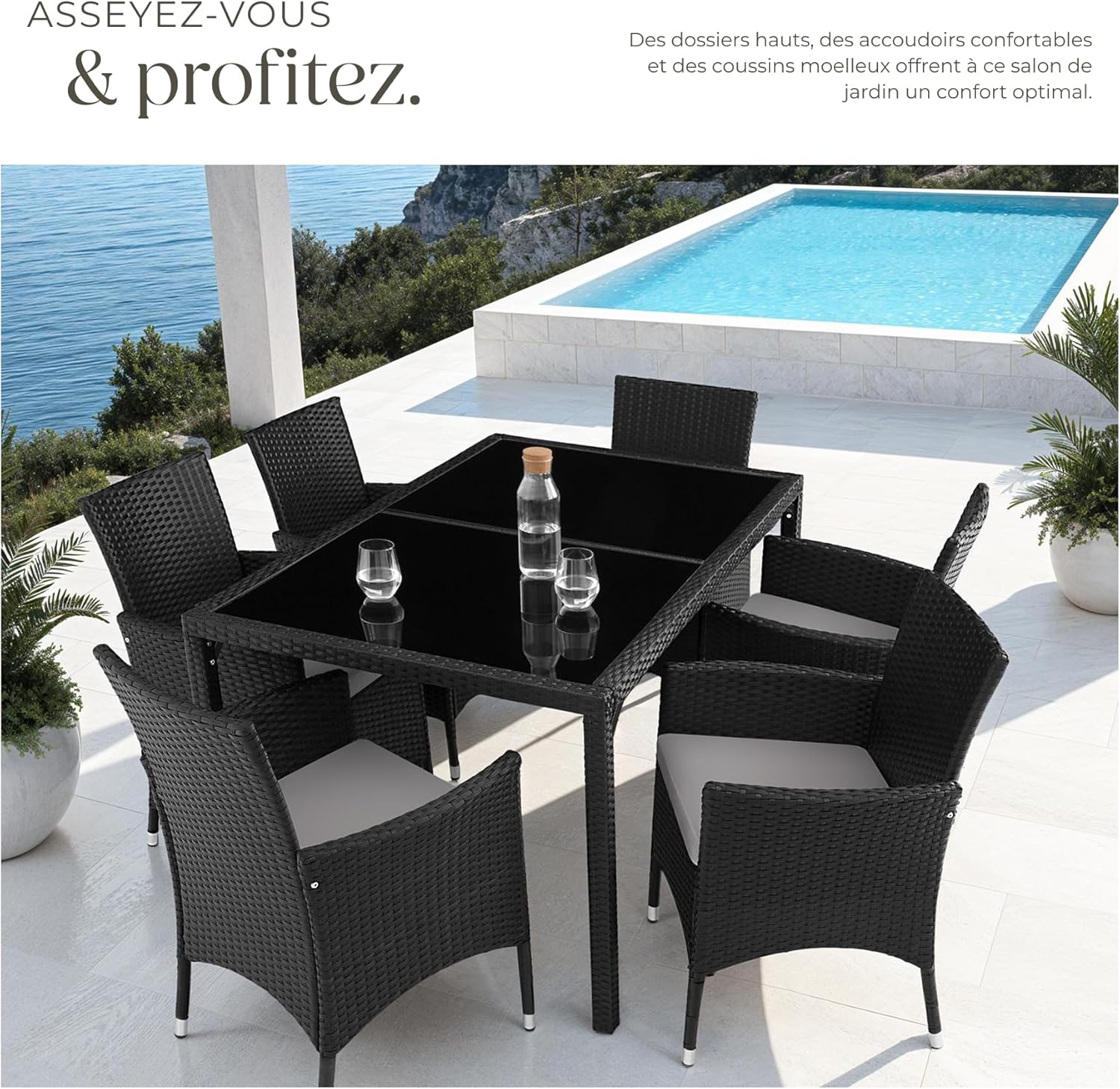 tectake - salon de jardin poly rotin, table et 6 chaises, UV résistant
