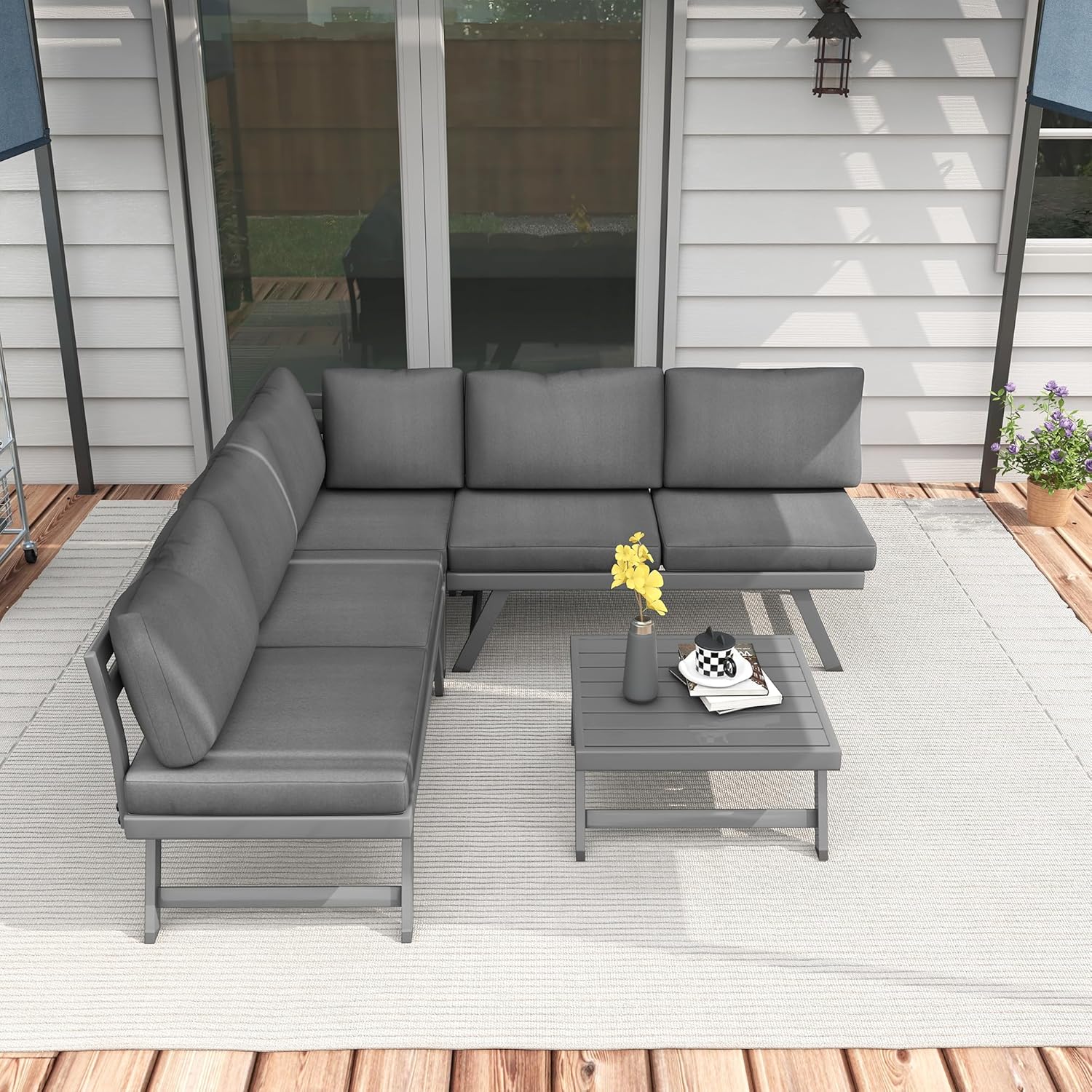 Outsunny - Salon de jardin d’angle 4 places, alu/acier, banquettes, table basse, gris