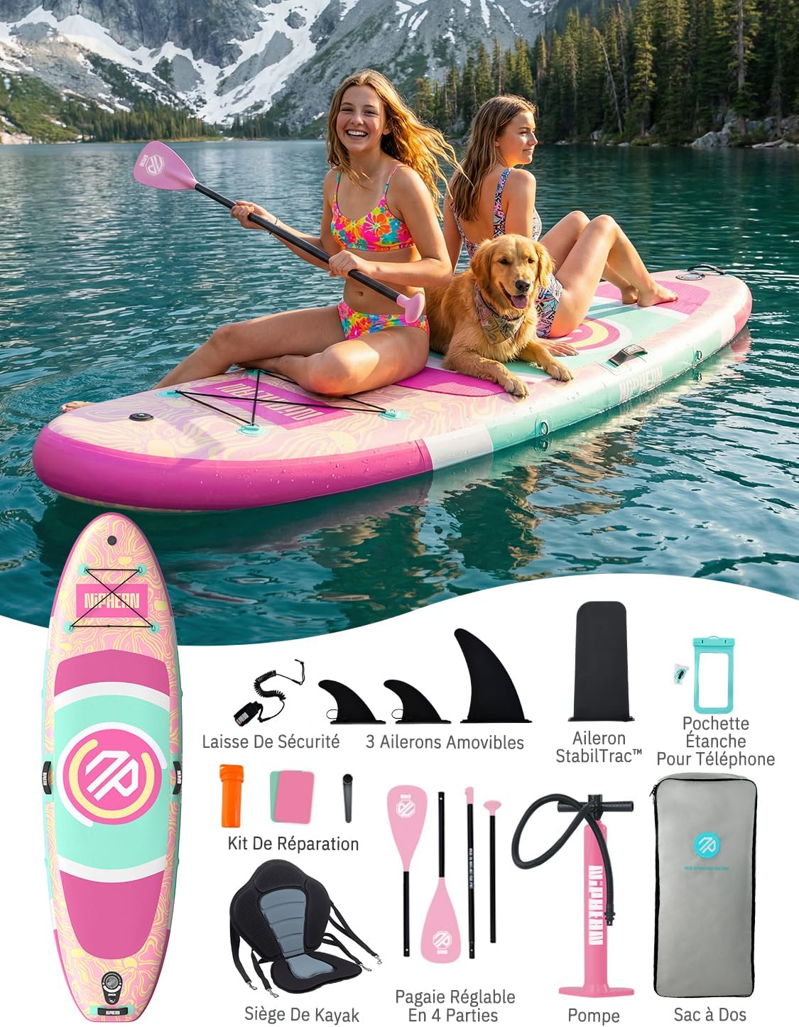 Niphean - Paddle gonflable adulte avec siège - ultraléger, +30% stabilité, antidérapant, idéal yoga