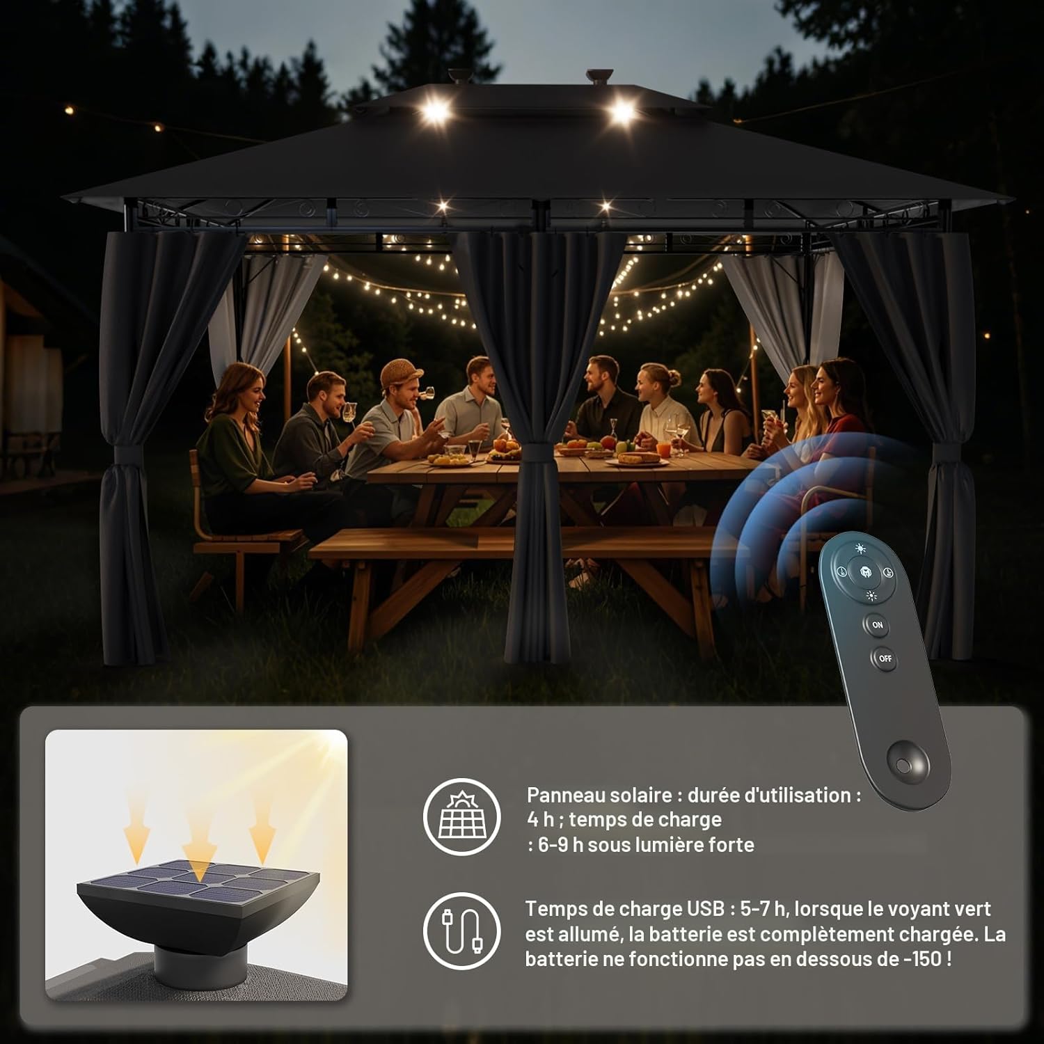 Devoko - tonnelle Deluxe - 3x4m - LED, imperméable, cadre métal