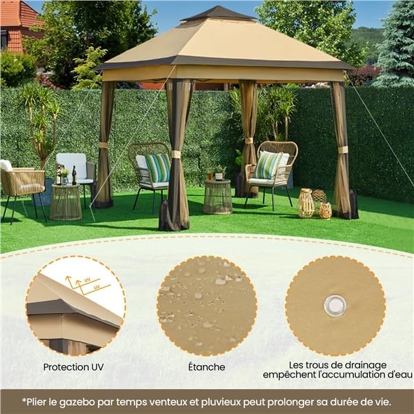 Yaheetech - tonnelle jardin série kaki/brun - 3,3x3,3m - moustiquaires, toile imperméable