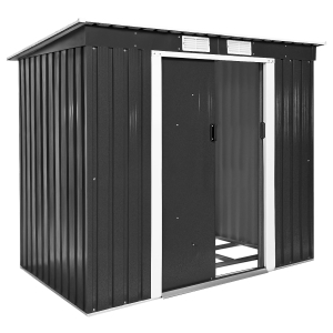 Collection de cabanons de rangement en métal présentée sous différents angles, avec une construction en tôle ondulée gris foncé/noir avec portes coulissantes.