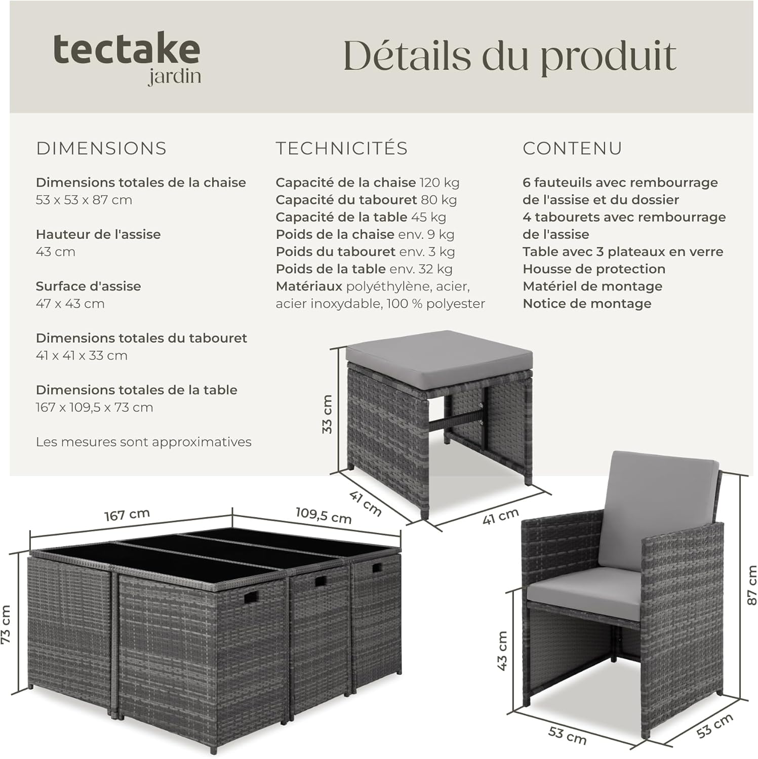 tectake - Salon de jardin Poly Rotin 10 pers. 6 fauteuils et 4 poufs, table et housse