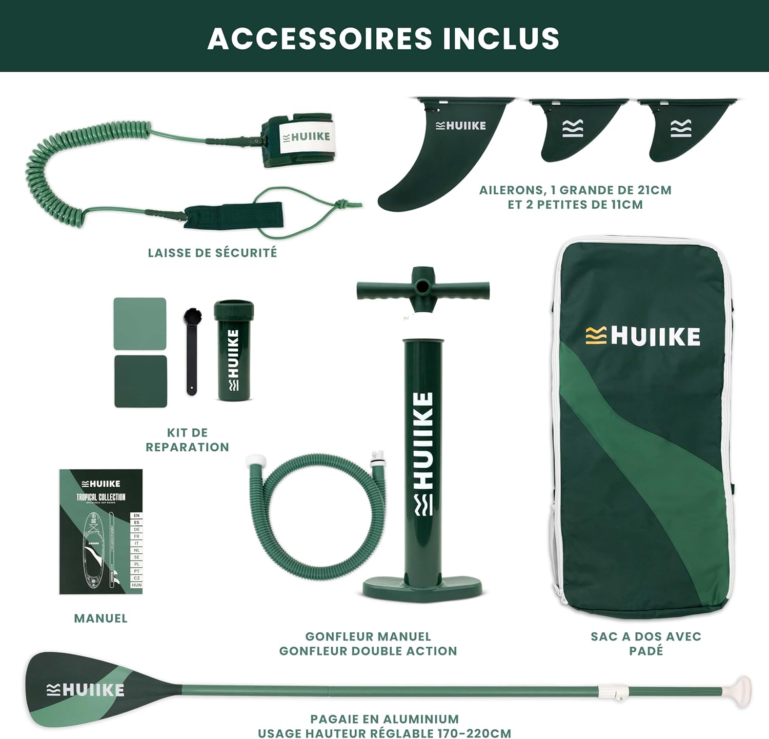 HUIIKE Paddle Gonflable Adulte avec Accessoires Inclus, Pagaie, Ailerons, Pompe. Planche de Stand Up Paddle Grande Stabilité et Résistance. 305 x 84 x 15 cm, Jusqu'à 130 kg