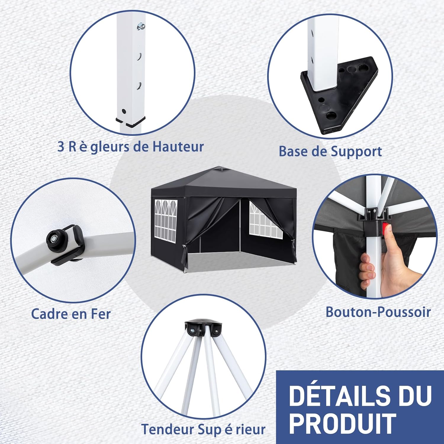 LEADZM - tonnelle pliable 3x3m, imperméable, UV 50+, accessoires, Noir-évent