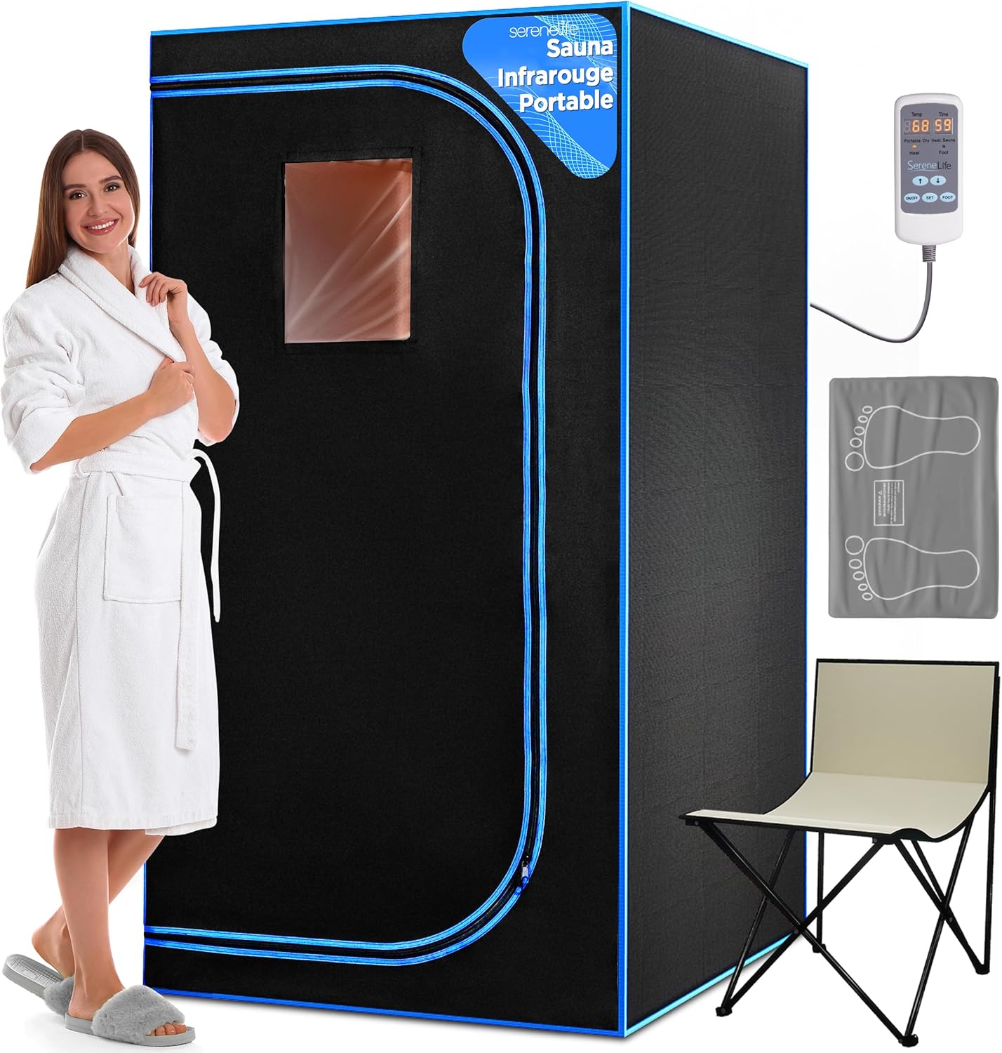SereneLife Sauna Infrarouge Portable – Tente Chauffante Pliable avec Chaise Pliante et Coussin Chauffant pour Les Pieds – Spa Maison – Détox – Perte de Poids