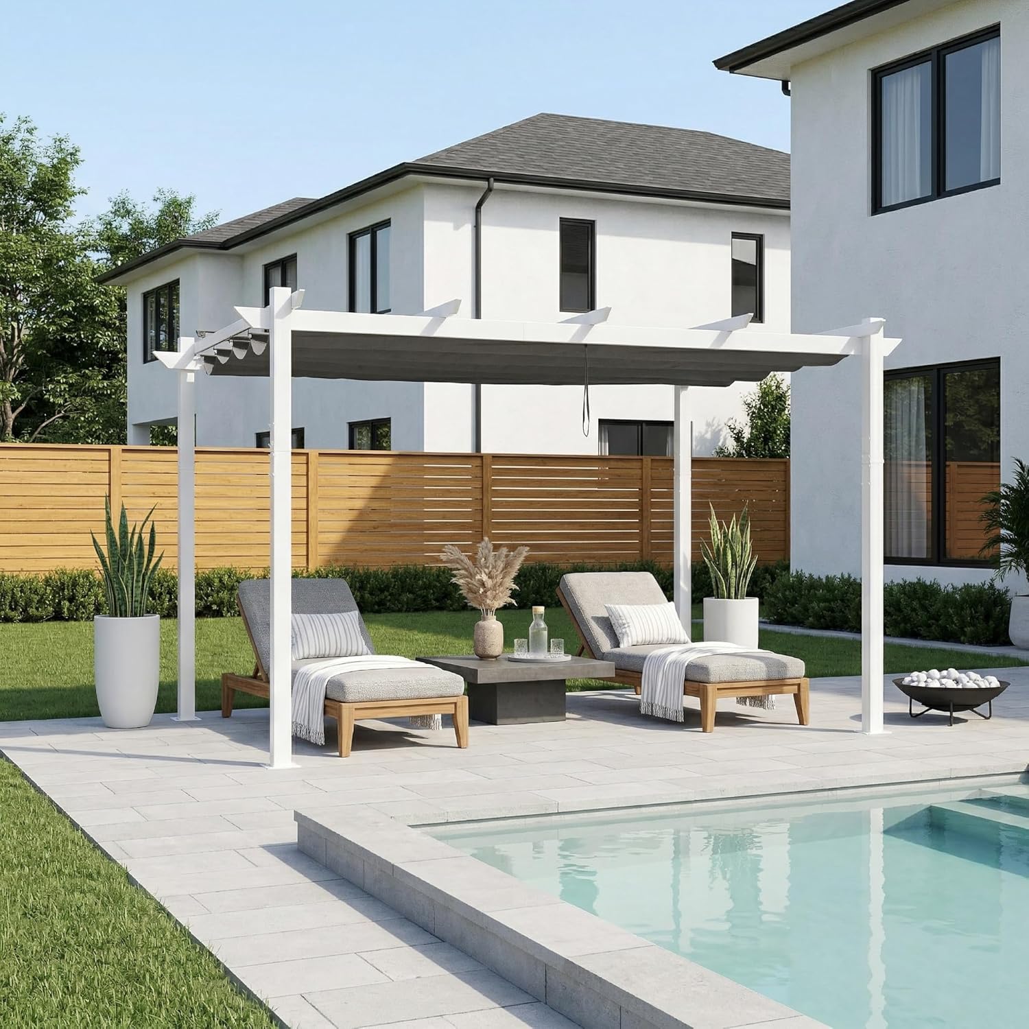 PURPLE LEAF - pergola aluminium - 4x3m - éclairage intégré, toit protégé, blanc/gris