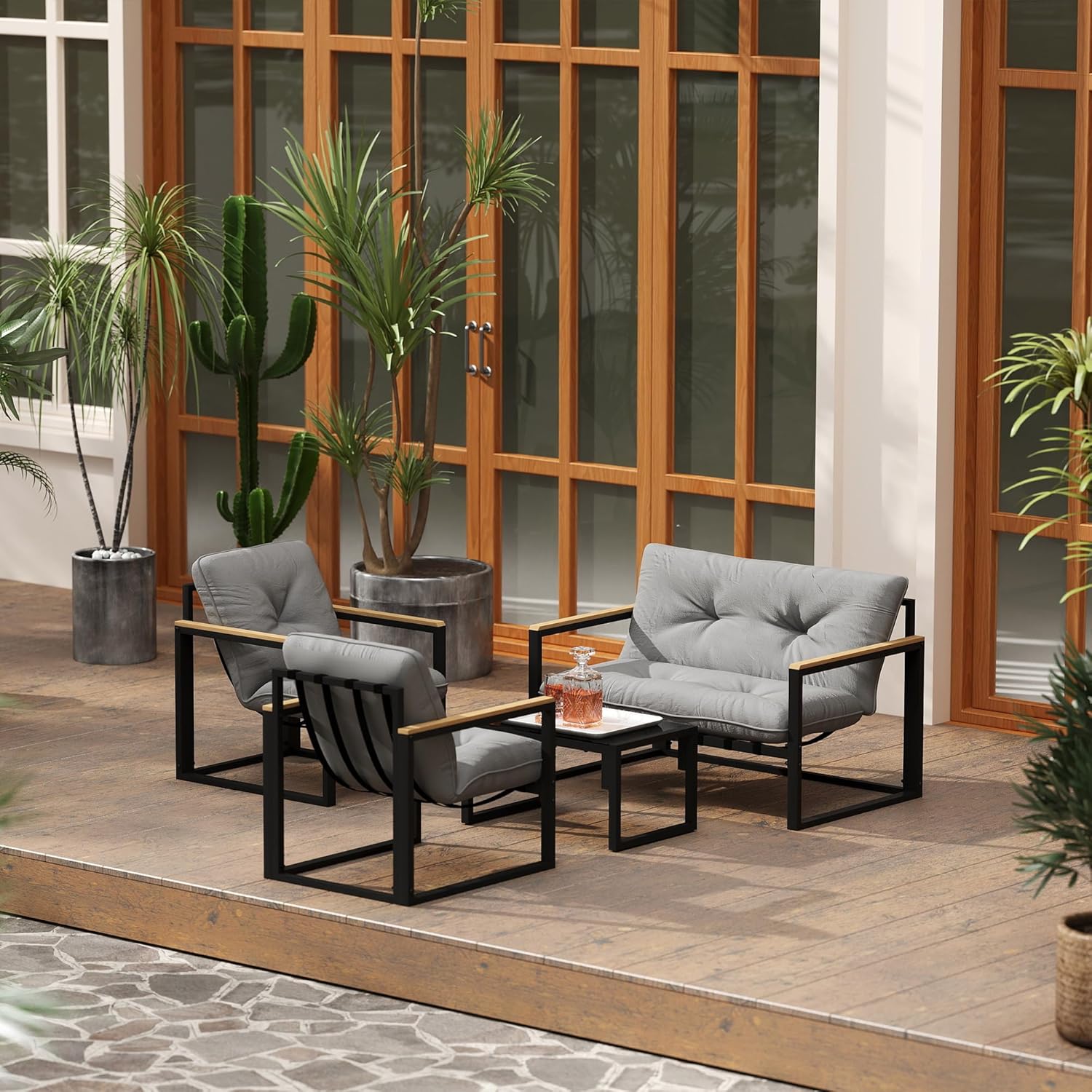 Outsunny - Salon de jardin 4 places - canapé, 2 fauteuils, table en verre, coussins inclus, gris