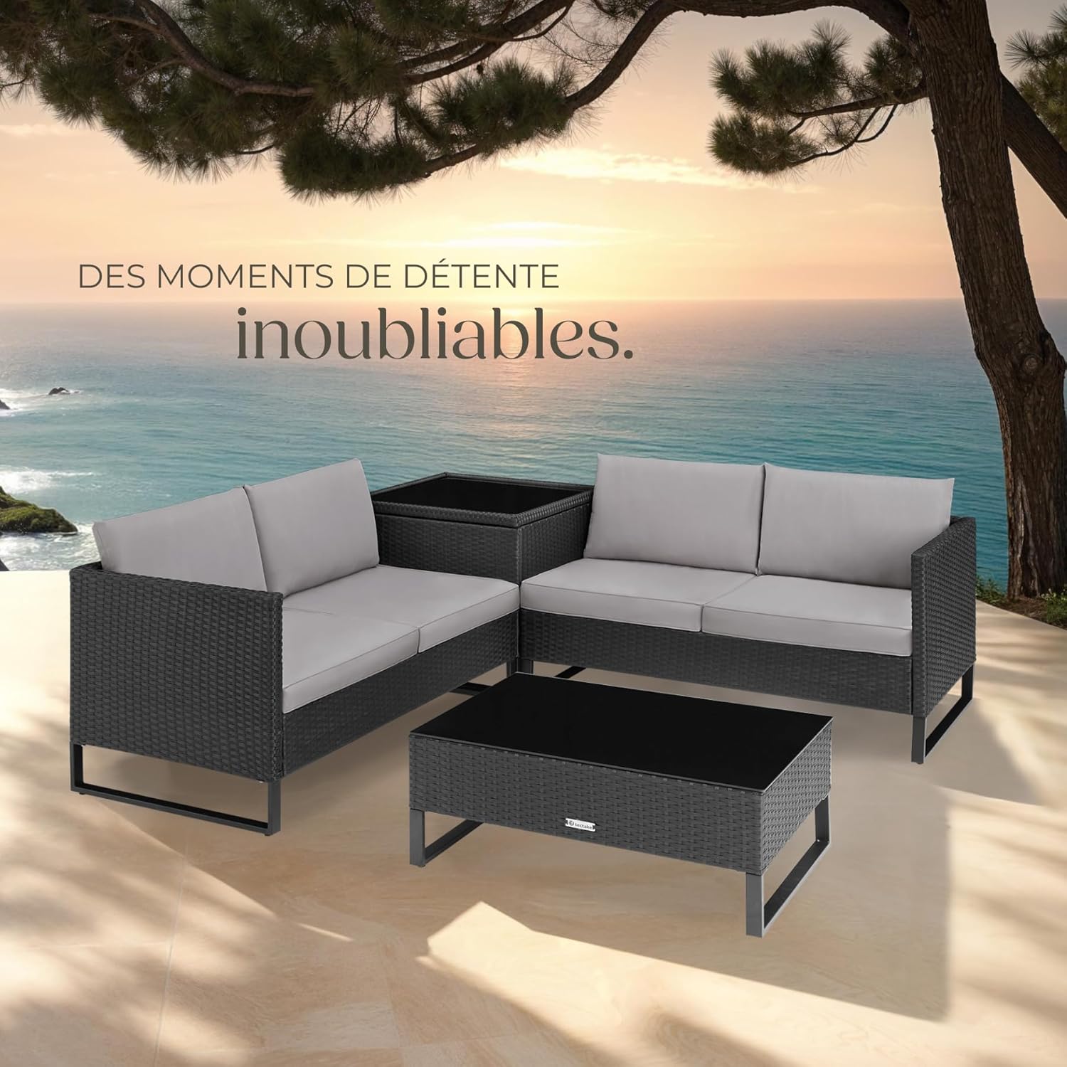 tectake - salon de jardin modulable 4 places - rotin, table verre, coffre