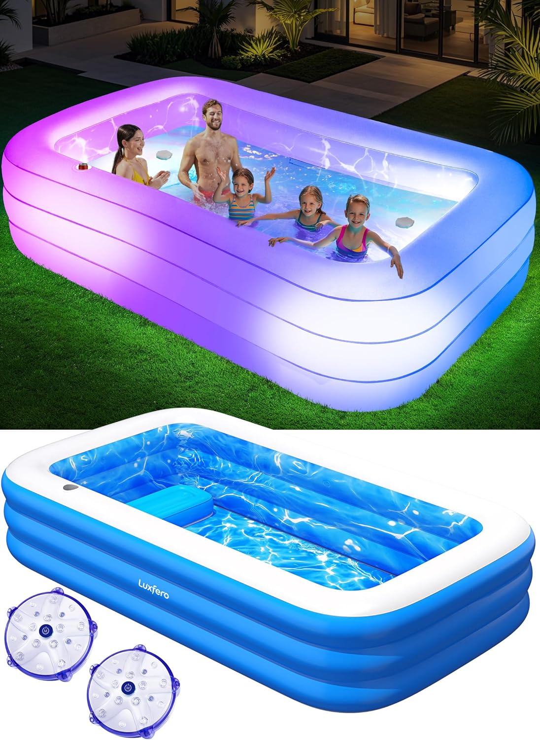Luxfero – Piscine Gonflable avec siège, 280x160x50 cm, lumières, 1400L