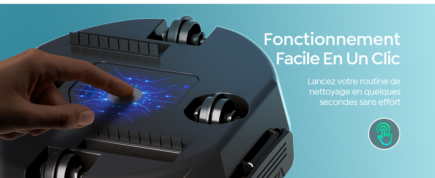 Le texte indique « Fonctionnement facile En Un Clic ». Appareil électronique noir avec des éléments lumineux bleus sur fond turquoise.