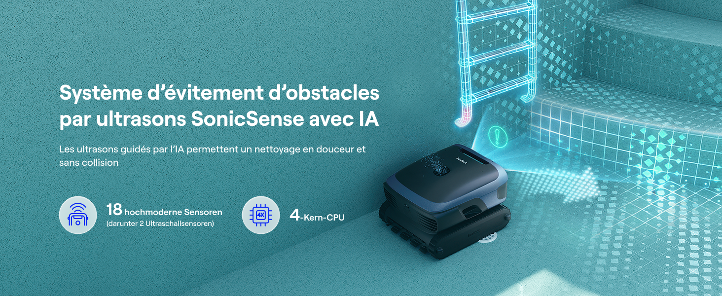 Le texte se lit comme suit : « Système d'évitement d'obstacles par ultrasone SonicSense avec IA ». Fond bleu sarcelle montrant un appareil noir compact avec système d'évitement d'obstacles à ultrasons et technologie AI, affiché avec un paysage urbain architectural en toile de fond et des logos de certification.