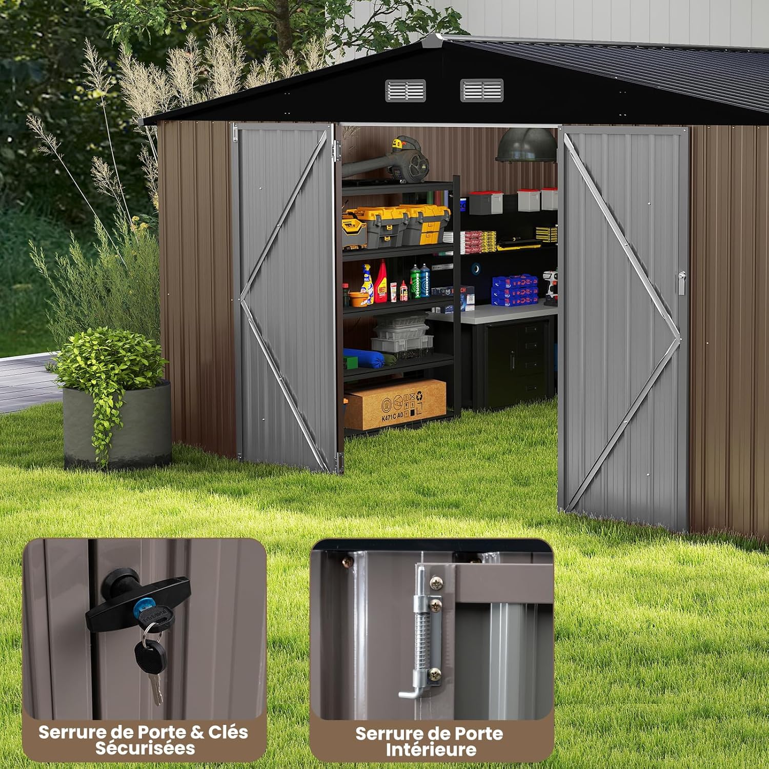 Costway - abri de jardin métal, 12m², toit double pente, double porte, 4 aérations