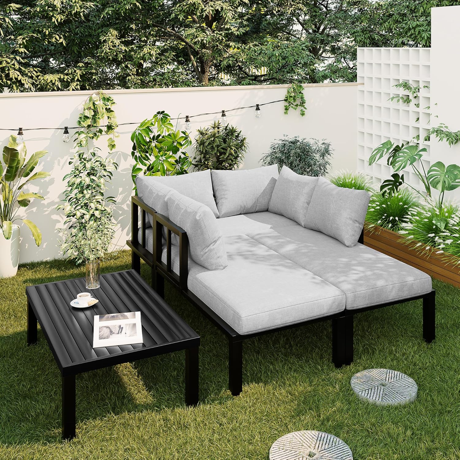Sapgaks - salon de jardin d’angle, fer galvanisé, dossier amovible, pieds réglables, J-Gris
