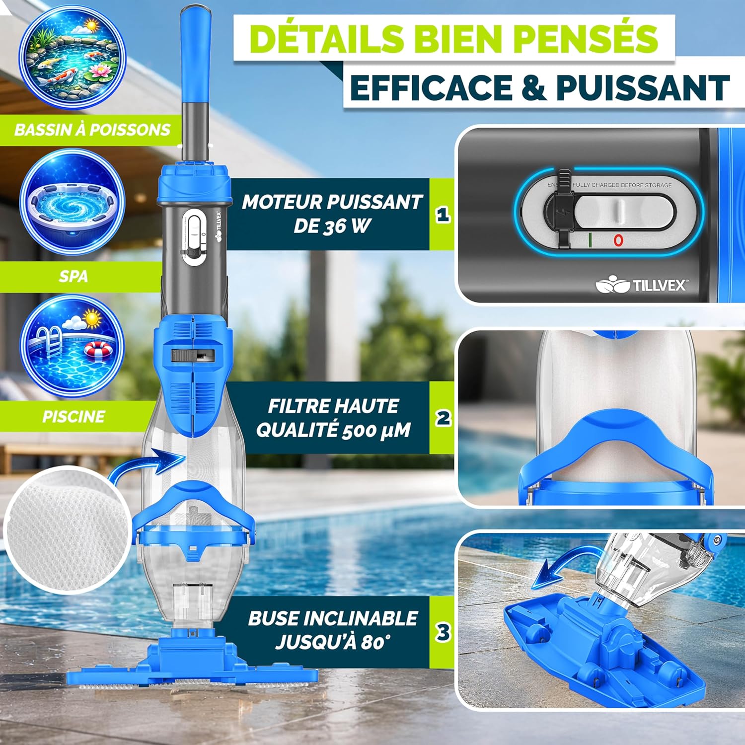 tillvex - Aspirateur piscine électrique - manche télescopique, filtre, autonomie 60min