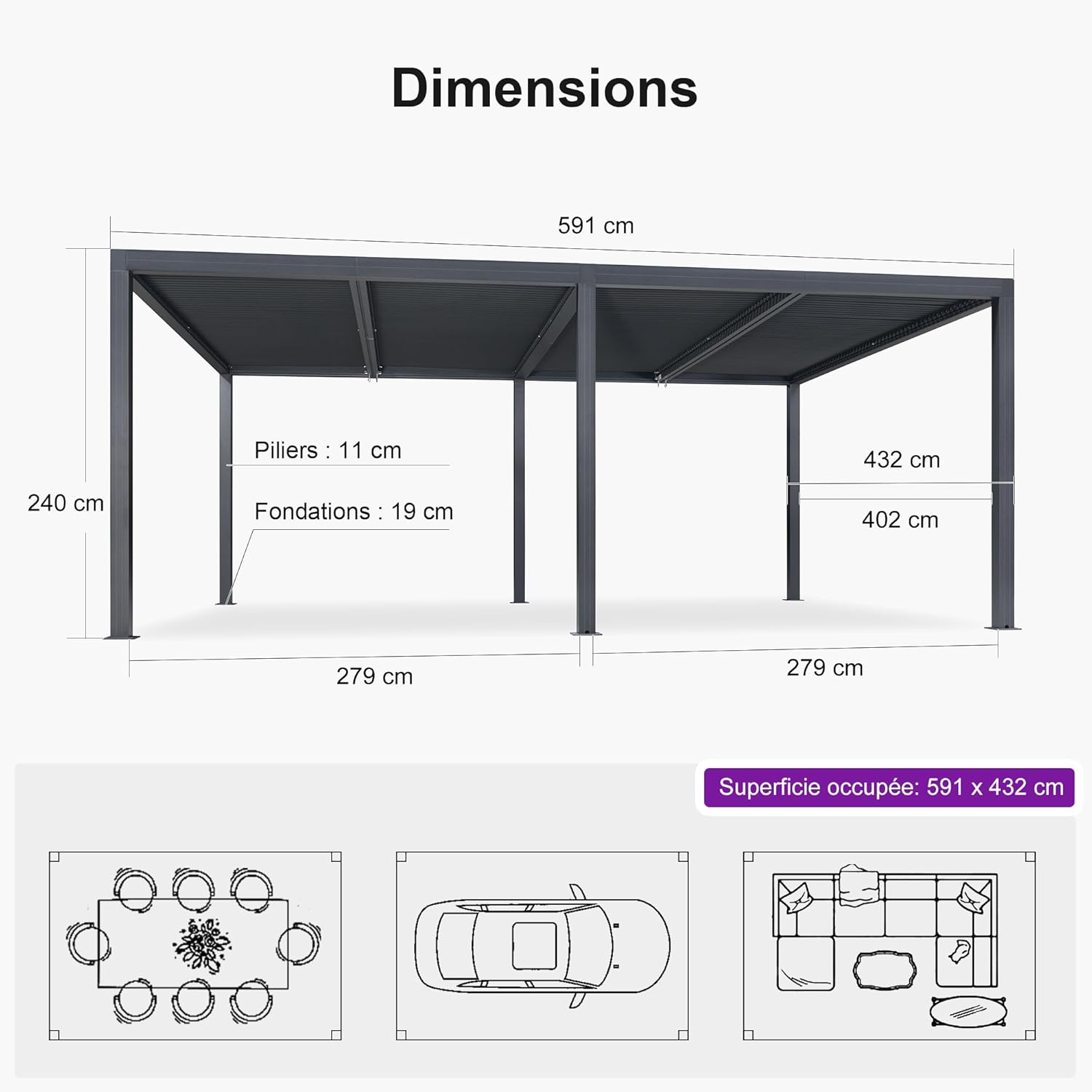 PURPLE LEAF - pergola bioclimatique - 6x4,24m aluminium, lames indépendantes