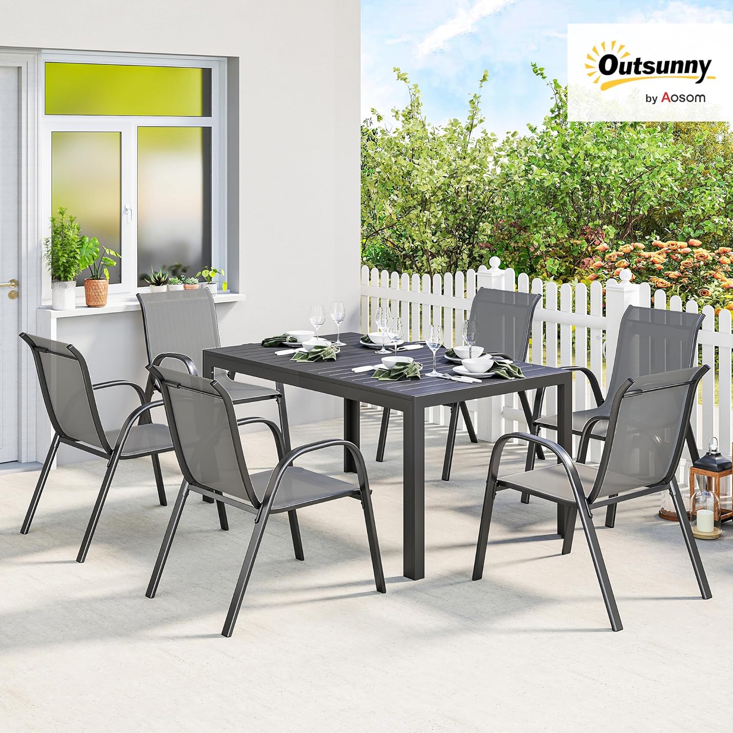 Outsunny - Salon de jardin extérieur 7 pcs - 150cm - table à lattes, acier antirouille, 6 chaises empilables, gris clair