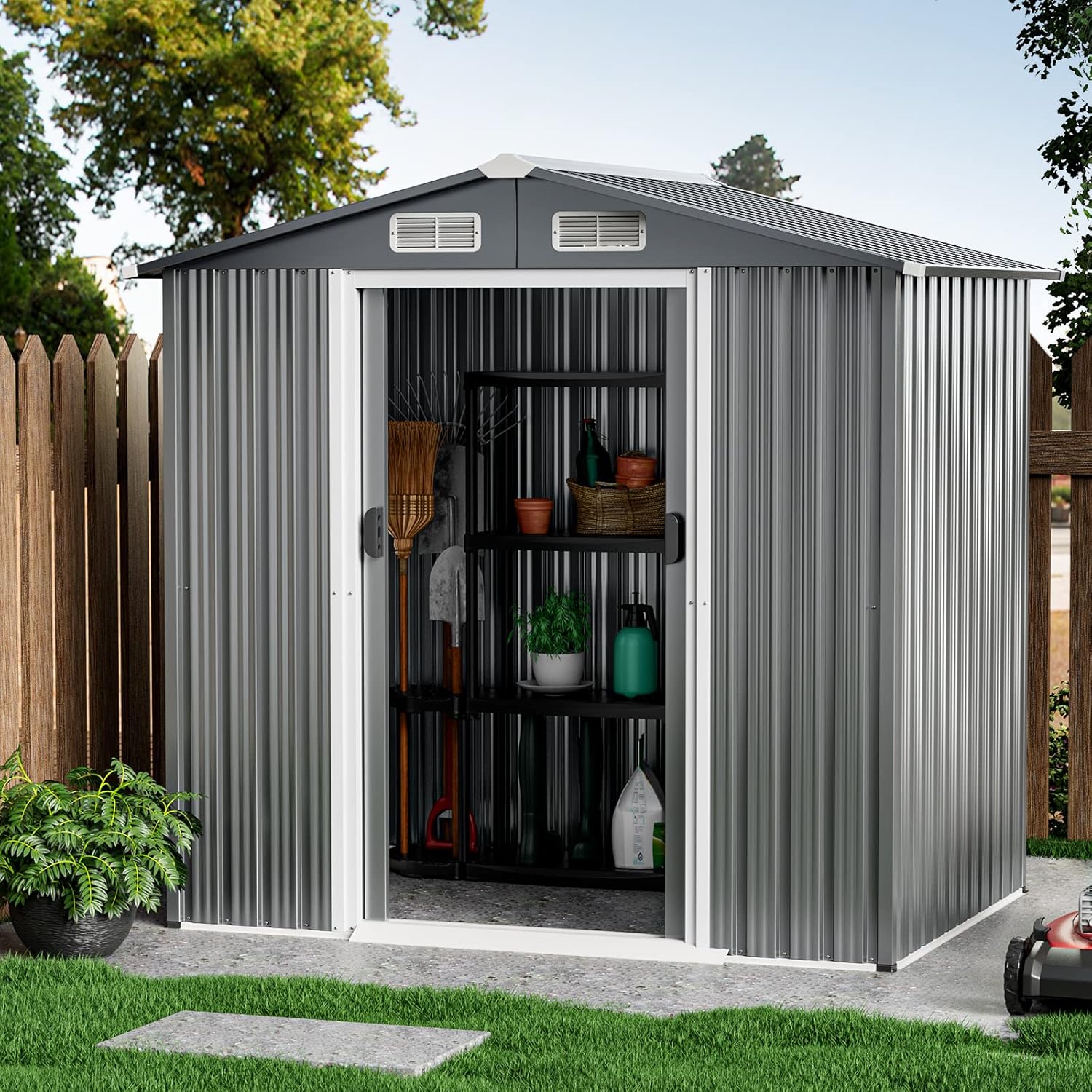 COSTWAY - Abri jardin métal galvanisé - 3,7m³ - double porte, aération, rampe