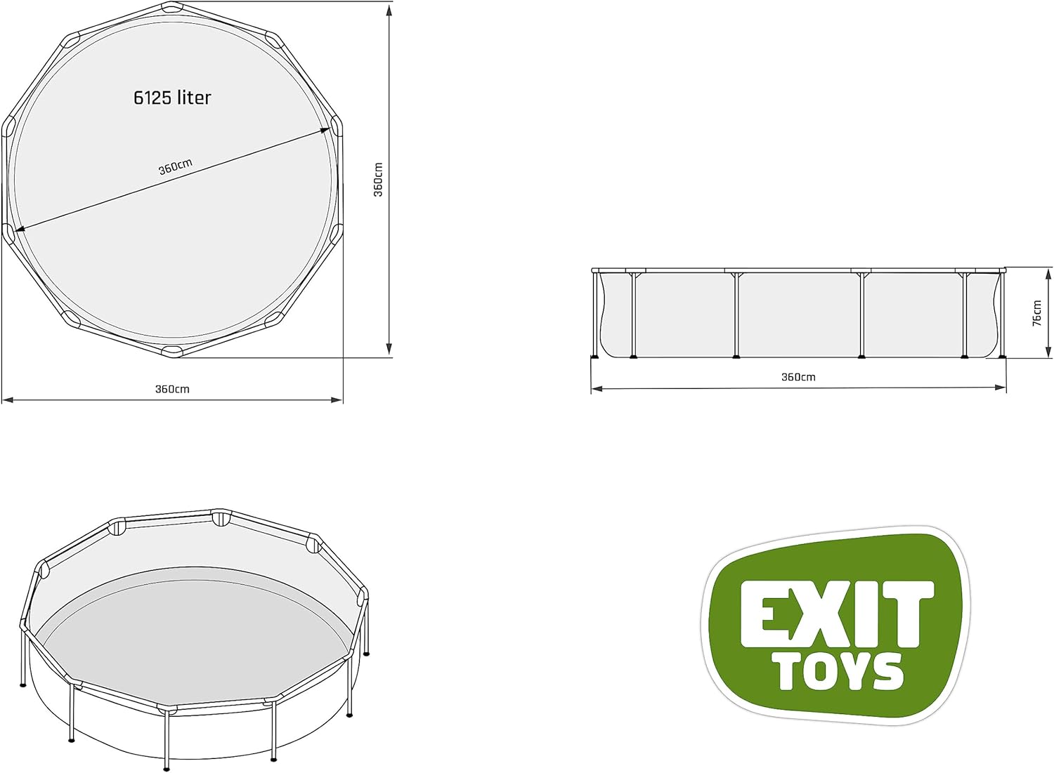 EXIT TOYS Piscine Tubulaire Lime - ø360x76cm - Piscine Hors Sol Ronde Grande avec Pompe Filtrante à Cartouche - Entrée Basse - Idéal pour Les Jeunes Enfants - Cadre Stable - Design Unique - Vert