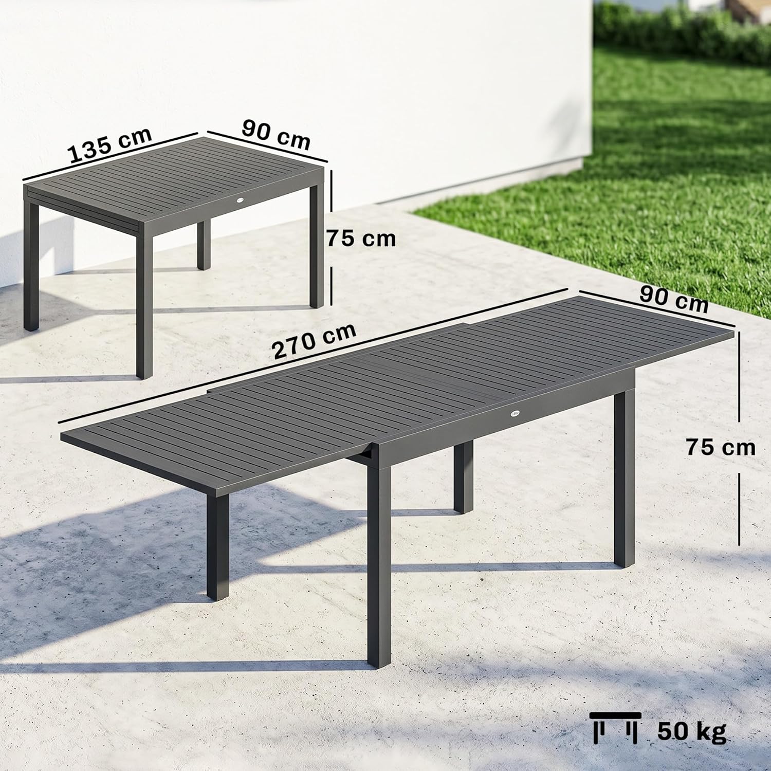 Outsunny - Table Jardin Extensible - 135-270cm - Aluminium, 6-10 pers.
