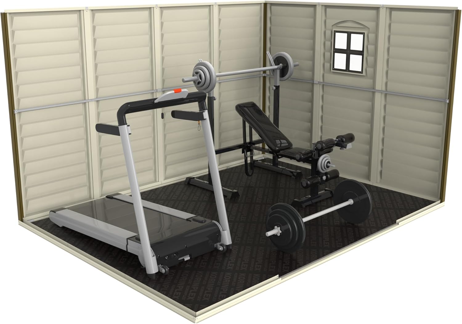 Duramax WoodSide 10 x 8 (7.64 m²) Abri de jardin en plastique avec 3 fenêtres fixes et kit de fondation en métal, structure de toit en métal robuste, ignifuge et sans entretien - Ivory/Brown