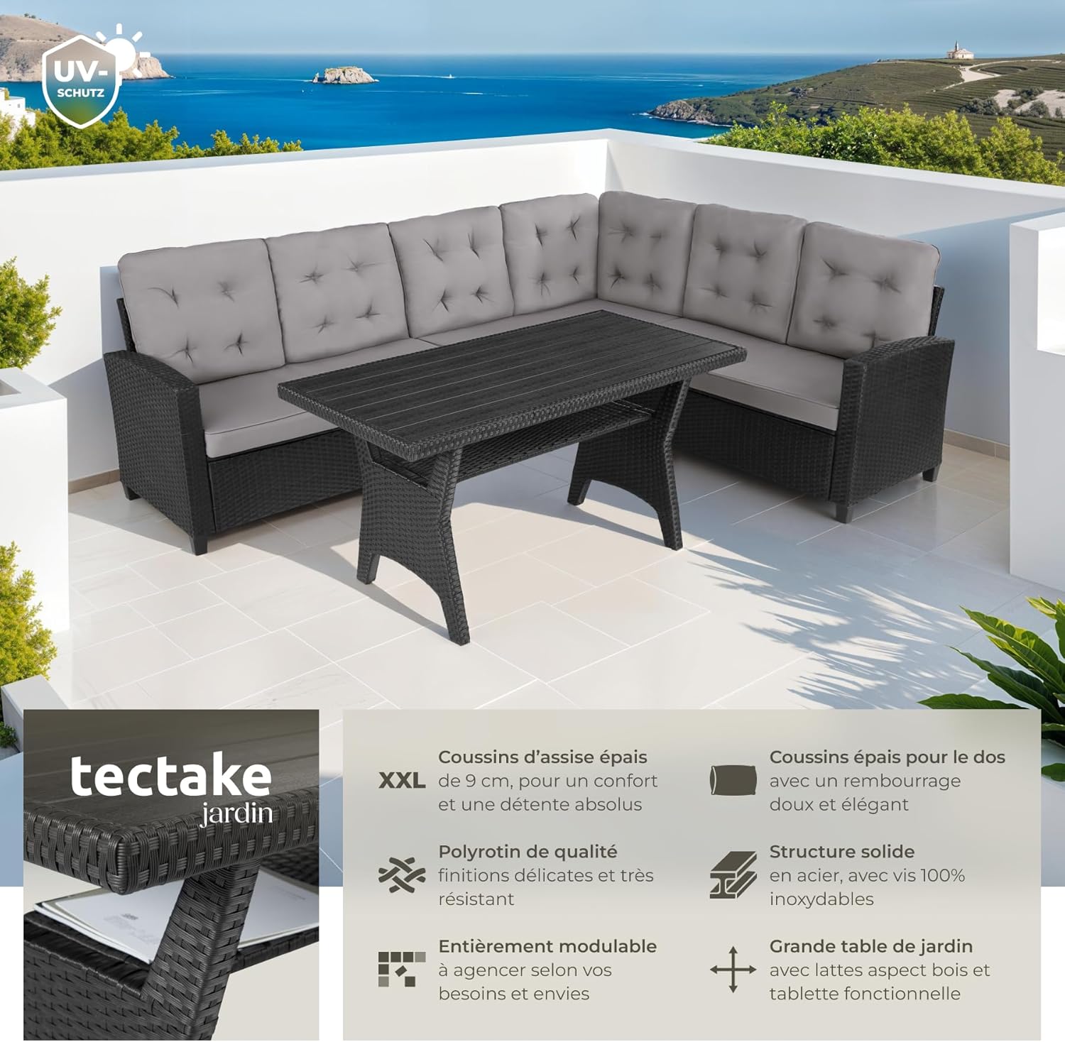 tectake - Ensemble salon de jardin 6 places, poly rotin, canapé spacieux avec table, rembourrage moelleux