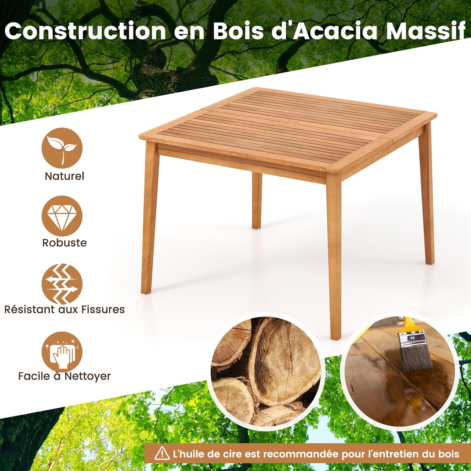 GOPLUS - table de jardin en bois d'acacia 100x100 cm - 4 places, trou pour parasol