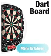 Le texte indique « Dart Board » et « Mehr Erfahren ». Image composite montrant plusieurs vues de jeux de fléchettes professionnels avec une numérotation standard et une palette de couleurs rouge/noir/blanc.