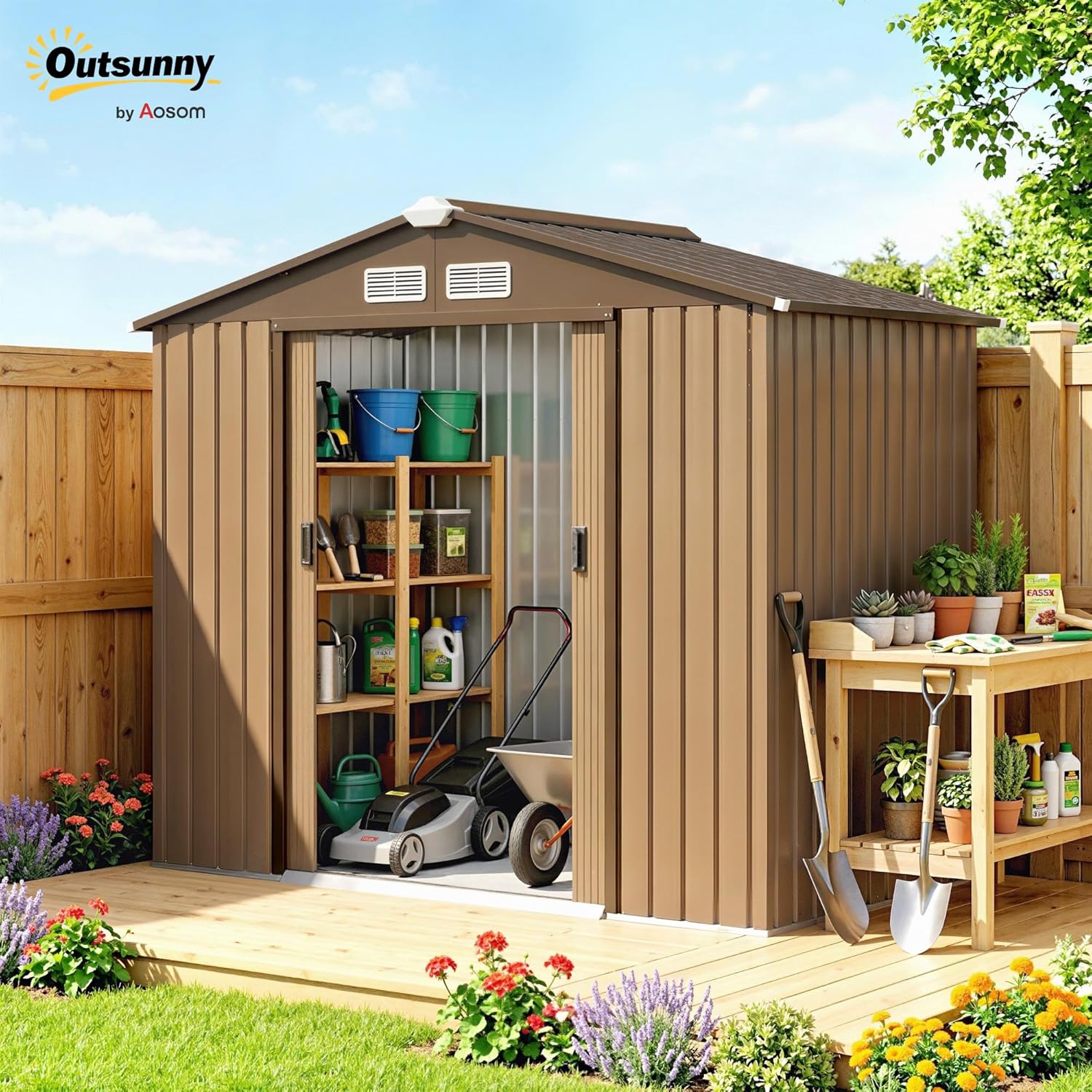 Outsunny Abri de Jardin en métal 2,77 m² cabane de Jardin 213 x 130 x 185 cm cabanon Rangement Outils avec kit de Fondation, Porte coulissante verrouillables et 4 aérations - Kaki