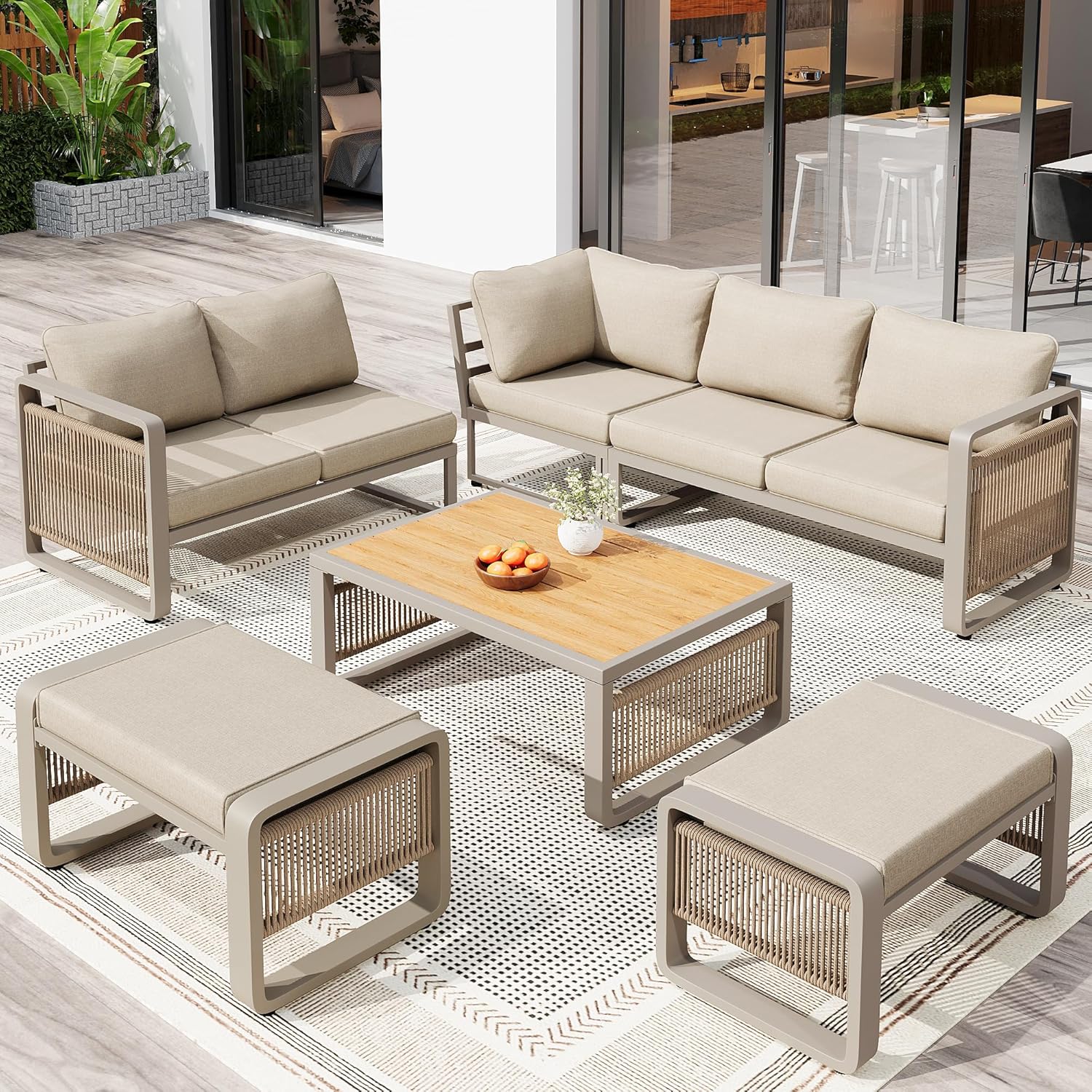 Sapgaks - salon de jardin corde tressée 6/7 pers - coussins moelleux - angle + 2 tabourets + table, pieds réglables - be