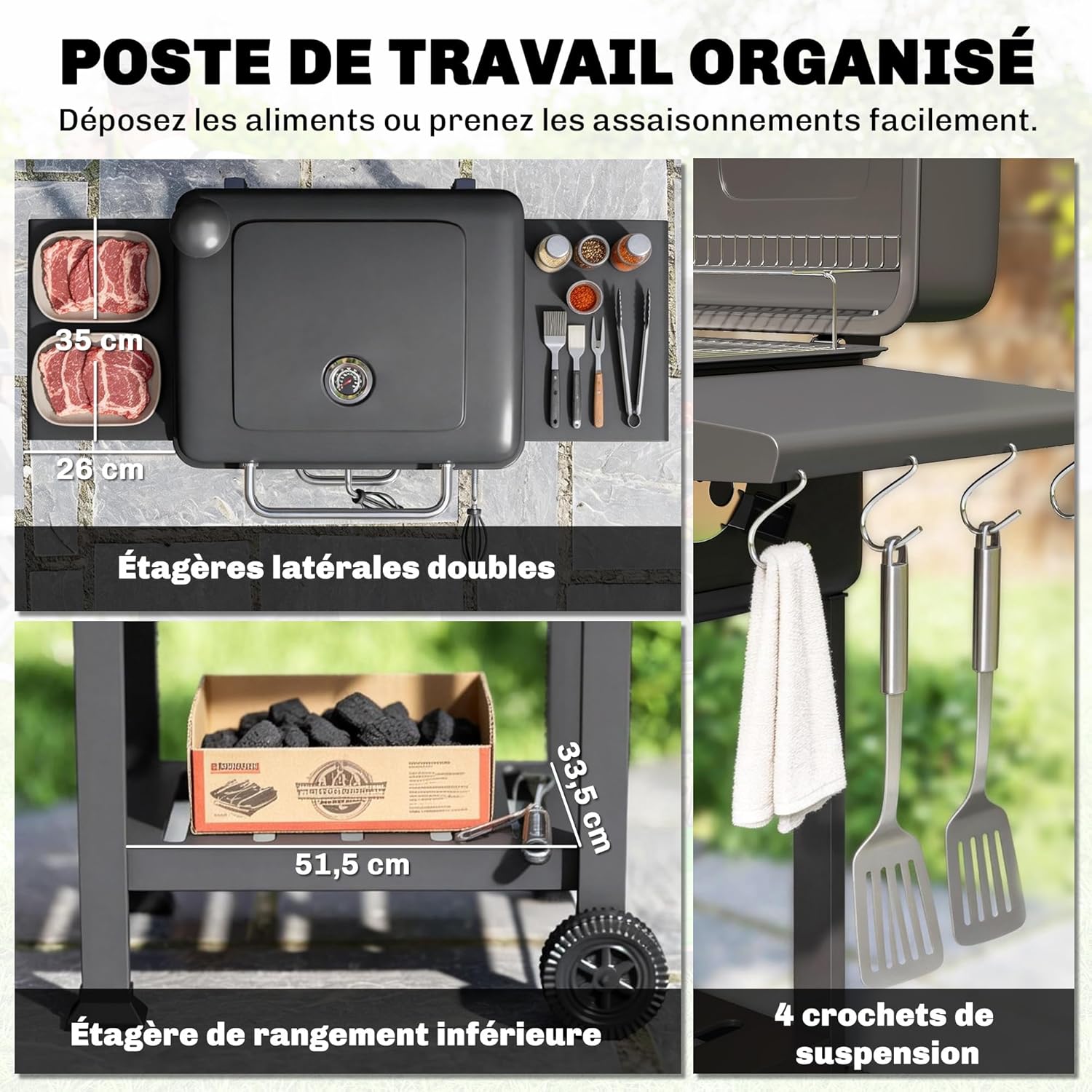 Outsunny - barbecue charbon réglable - grand format - chariot, tablettes, cheminée, roues, thermomètre