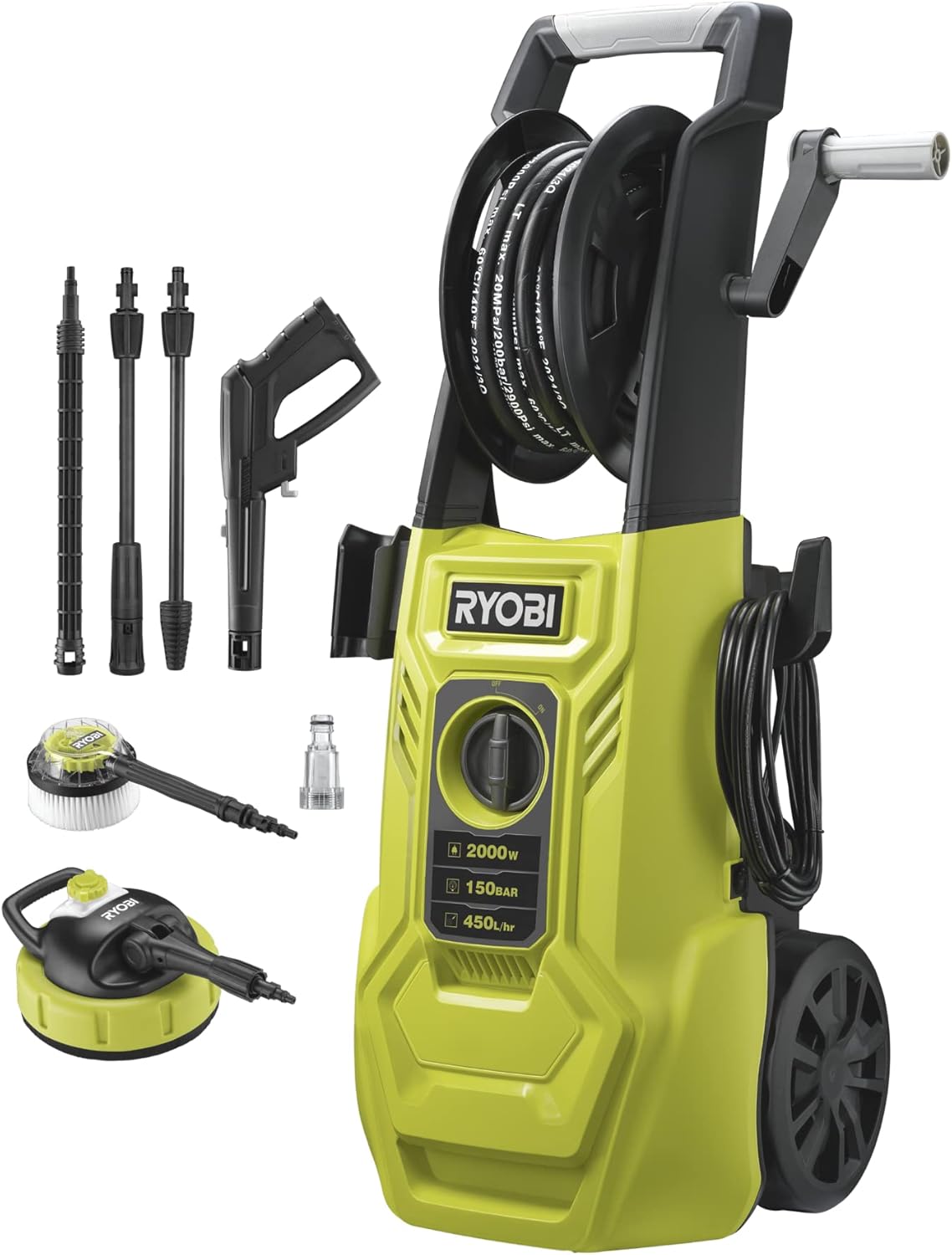 RYOBI - Série RY150PWA - 2000 W, 150 Bars, 8 m flexible, réservoir détergent, lance Vario/Turbo, Brosse rotative - RY150