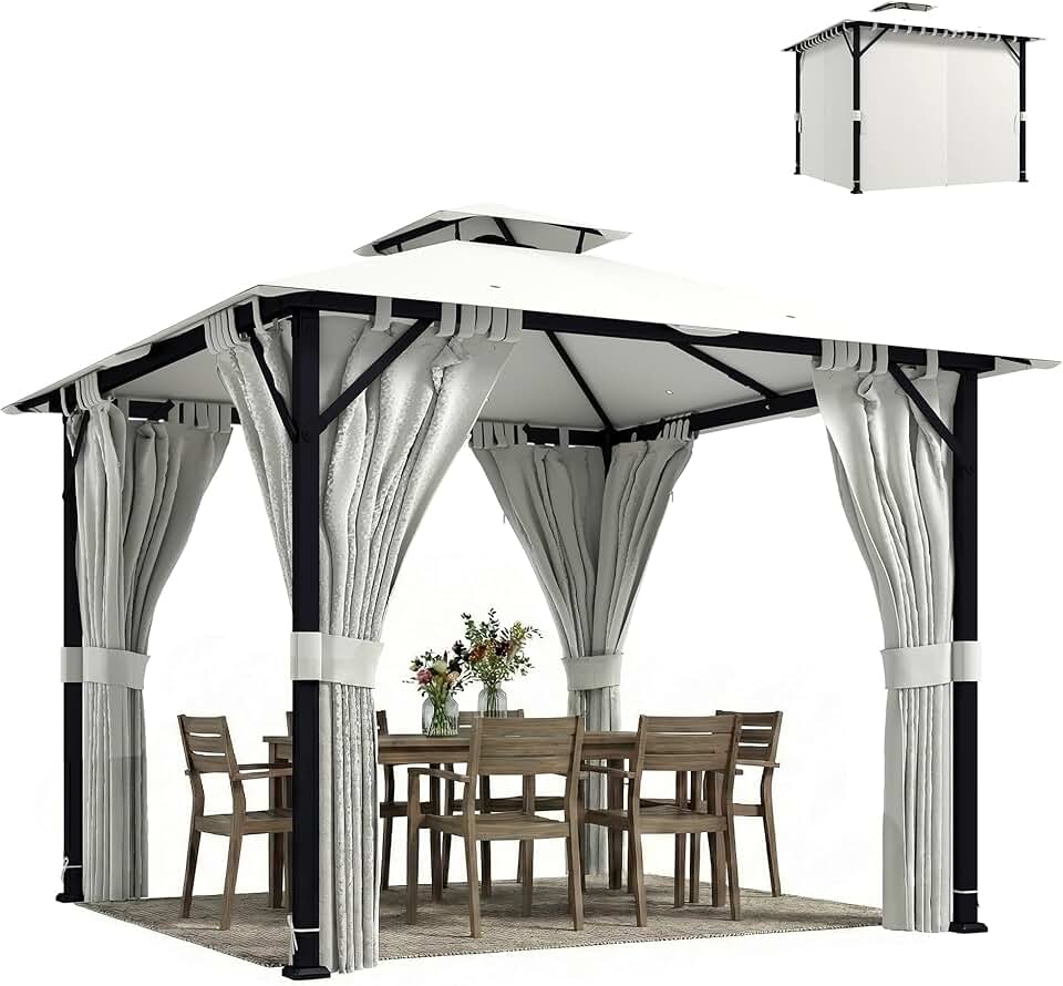 Outsunny - tonnelle pavillon 3x3m - métal robuste, toit double, rideaux, UPF50+