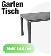 Le texte indique « Garten Tisch » et « Mehr Erfahren ». Affiche des images de produits de table d'extérieur grises sous différents angles avec un design minimaliste.