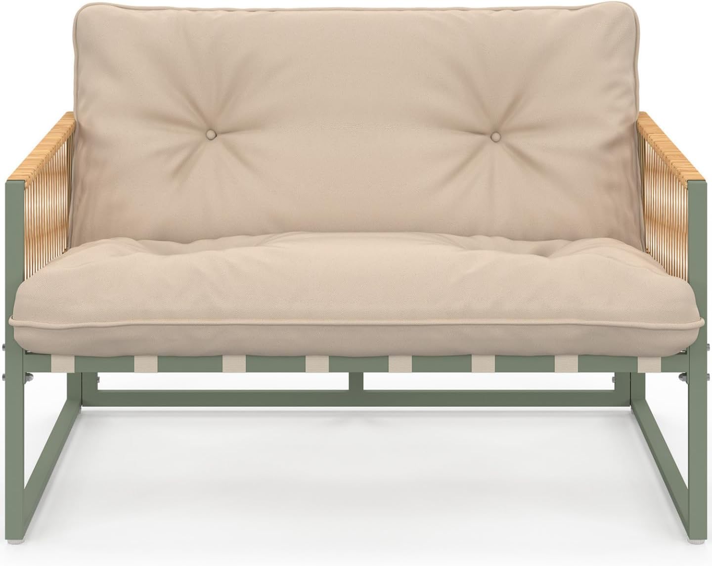 IDMarket - Rio - salon bas 4 places métal vert, cordage rotin, coussins beige