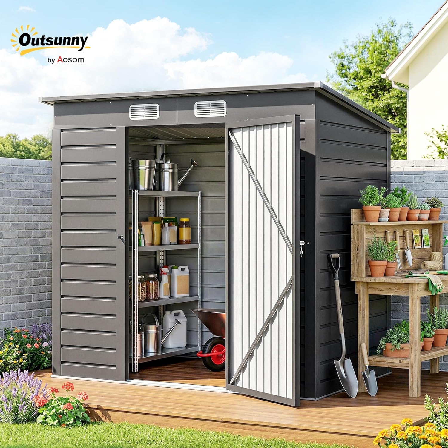 Outsunny - Abri de jardin métal - 191x130x183cm - acier galvanisé, portes verrouillables, aérations