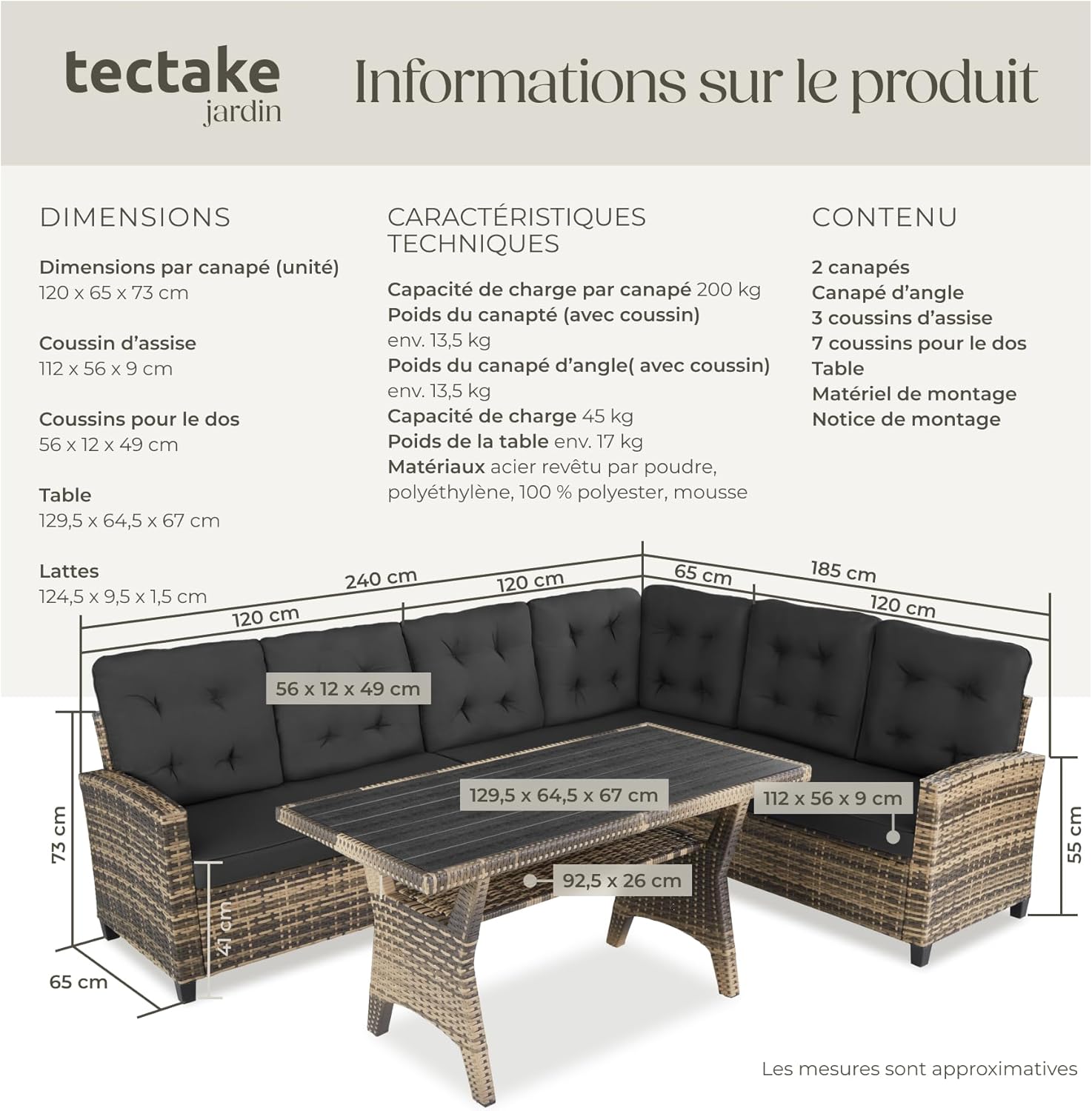 Tectake - salon de jardin XXL 6 places, rotin, coussins moelleux, table